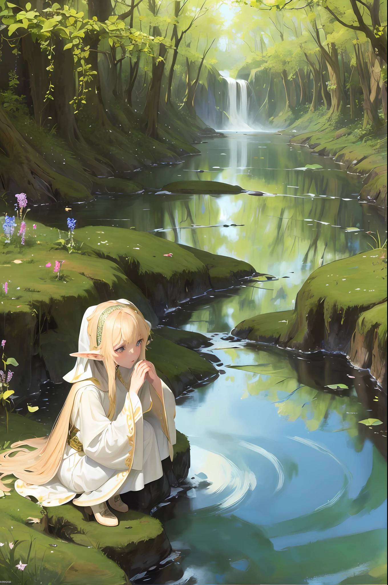 Middle Ages, a girl with a beautiful face, long blond hair, elf ears, in a flaxen dress, squats by a stream, praying, oil painting, Mucha
