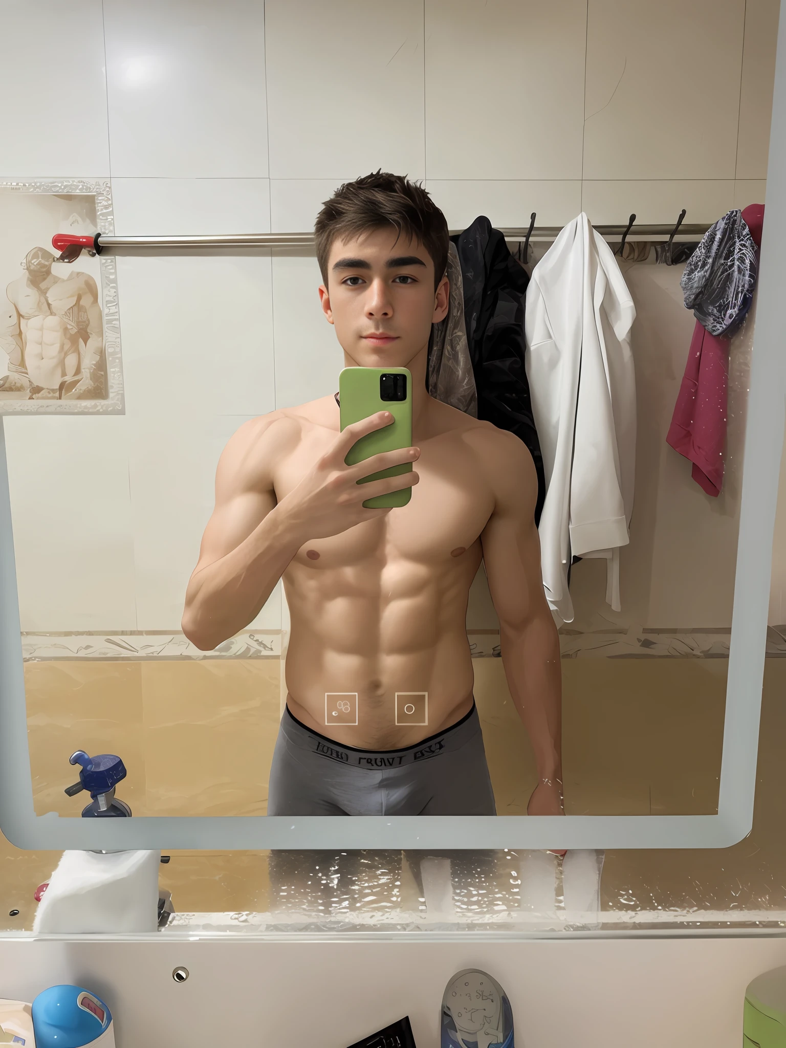 masterpiece, best quality, realistic, ultra detailed, sfw, 1boy, an attractive 18 year old fit white boy standing in front of a mirror taking selfie, flexing pose, ((sweat)), shirtless, wearing tight underwear, big bulge, vpl, smirk smile, full body shot,