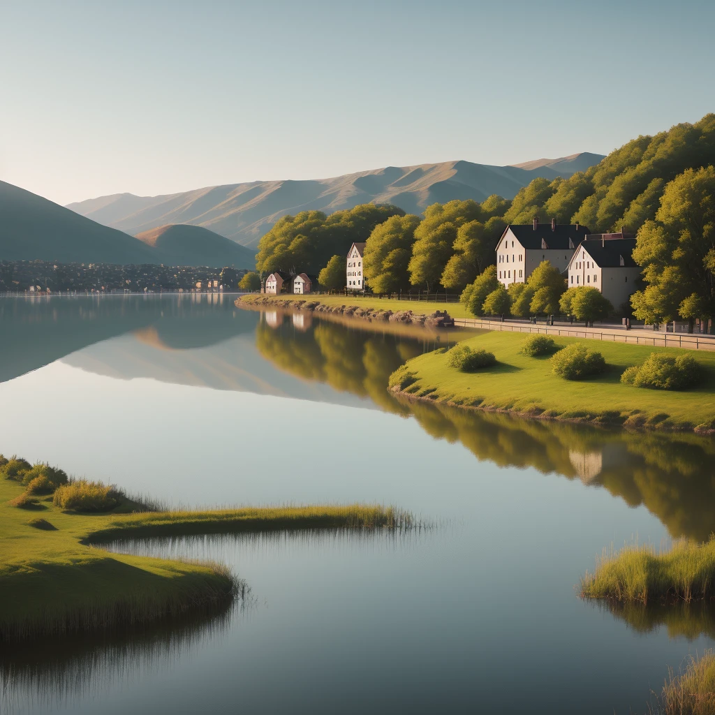 portrait of a simple town with lake