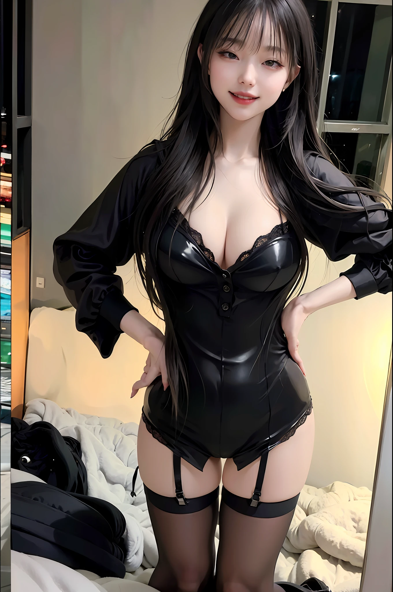 (Highly detailed CG unity 8k wallpaper), (Masterpiece), (Highest quality), (Portrait), (Highest illustration), (Highest shadow), (Realistic:1.4), 1girl on street, Kpop idol, ((Very over Size sweater, button sweater, open sweater), (gray hair: 1.1), collarbone, (middle chest: 1.3), viewer, smile, full body, (latex clothes, latex stockings, coquettish smile, clothes smooth texture) ,
