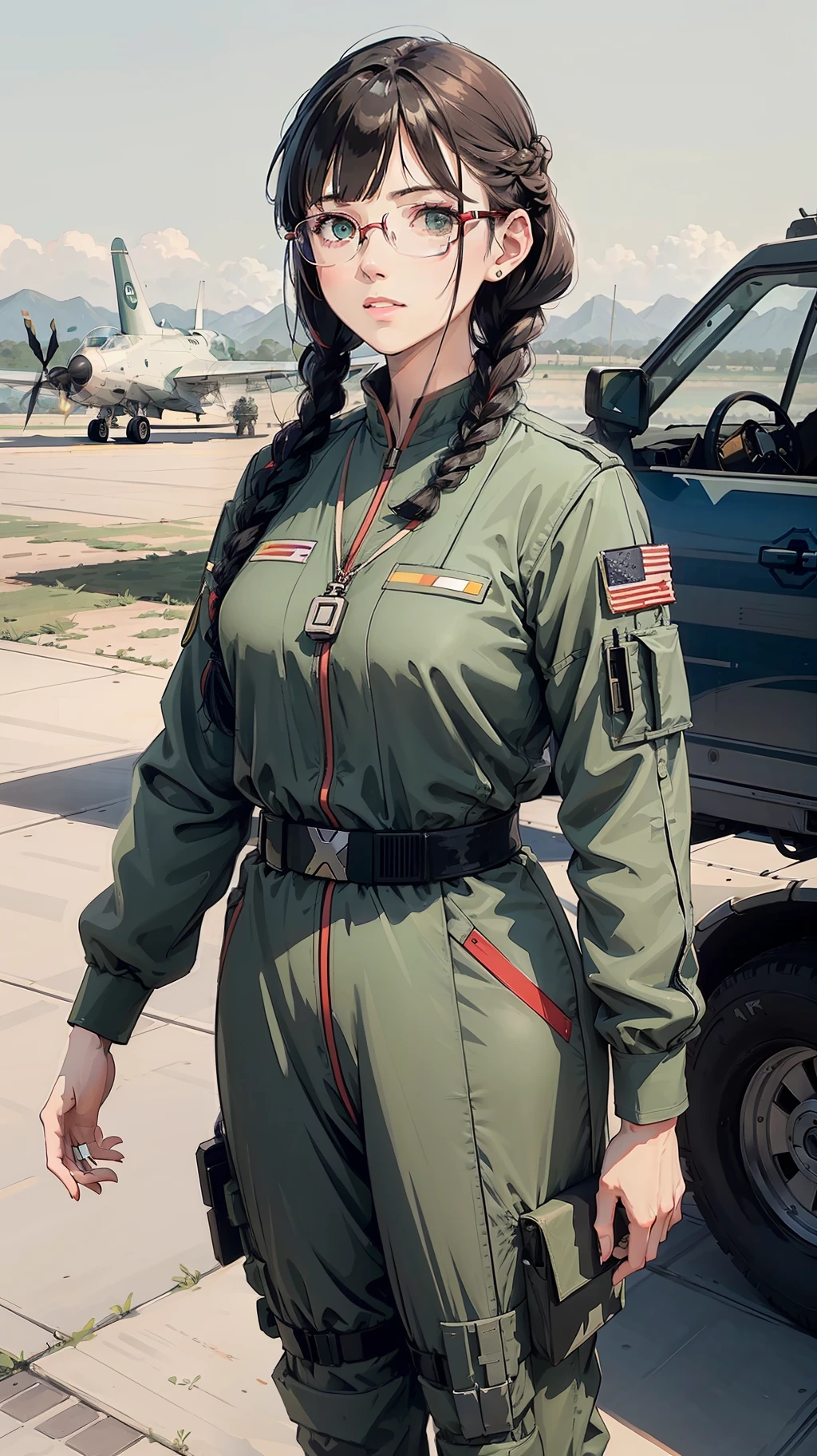 female commander of the Air Force Standing in salutation with a private pilot standing in the background They stood at the airstrip, science fiction, futuristic, 25-year-old female commander with green eyes. Double-braided hairstyle, smooth bangs, red glasses, Mr. Na-Ead, clear face, realistic, cinematic camera angles, clear colors, detailed environment.