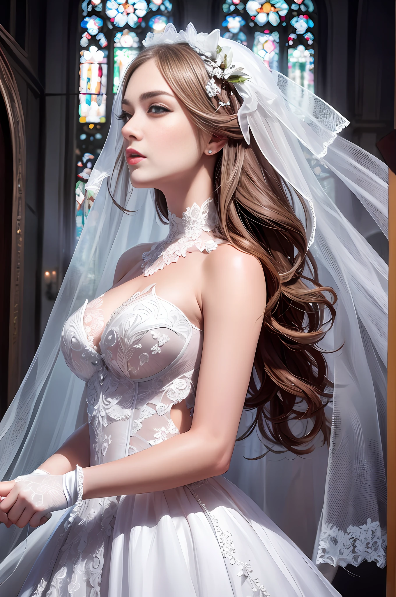 Delicate figure painting with white lace gloves in HD quality with rich details and optimized details.