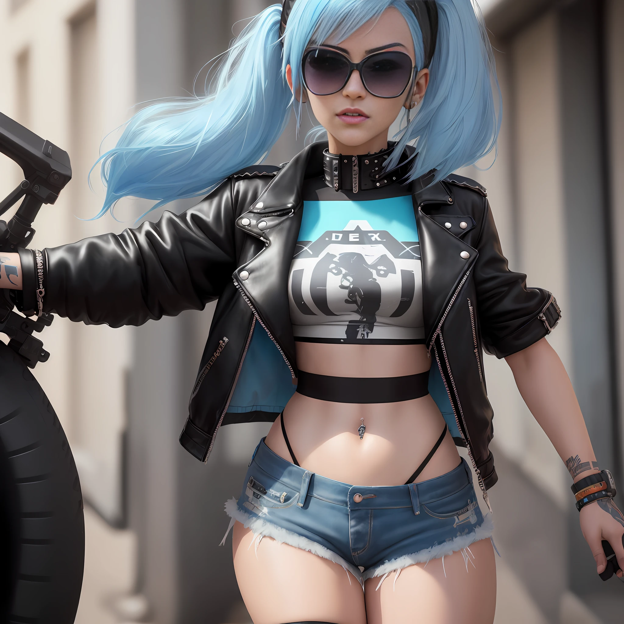 araffe with blue hair and sunglasses standing next to a motorcycle, cyberpunk 2 5 y. o model girl, mechanic punk outfit, glitchpunk girl, hyper-realistic cyberpunk style, diesel punk female, cyberpunk angry gorgeous goddess, cgsociety inspired, female cyberpunk anime girl, cyberpunk style outfit, photorealistic artstyle, 3 d render character art 8 k