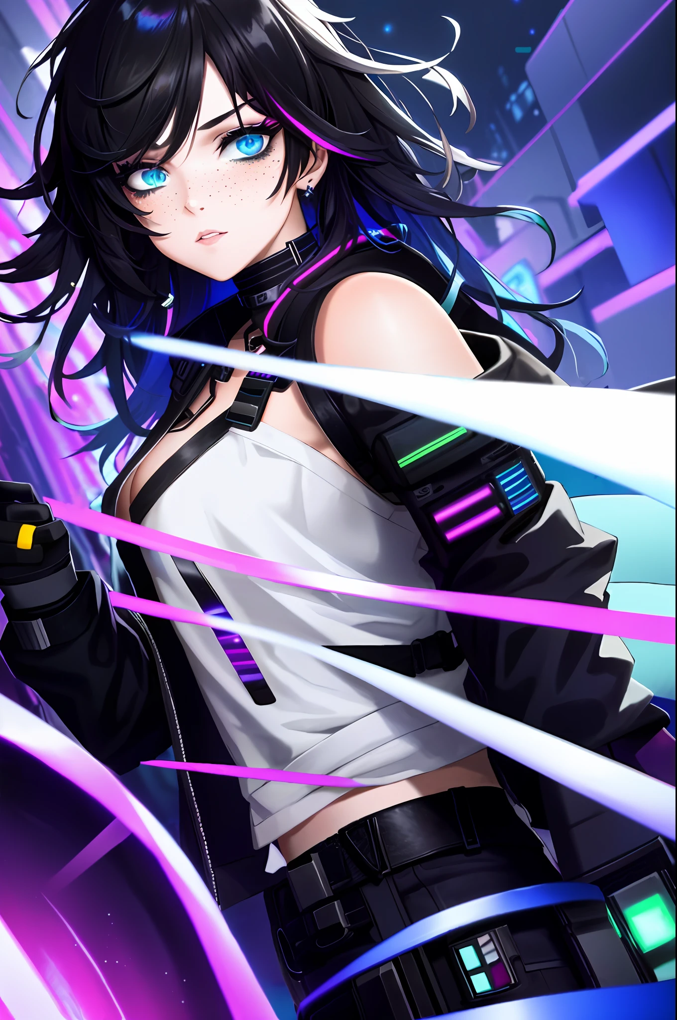 heavy makeup, beautiful eyes, freckles, neon, cyberpunk, night, bokeh, colourful colors, dramatic lighting, intricate details cinematic lighting photorealistic, anime original character, male, shoulder-length hair, black hair, glitchcore, glitch effects, ghost, humanoid, scoutcore, layered clothing, black jacket, white collar under --ar 1:1