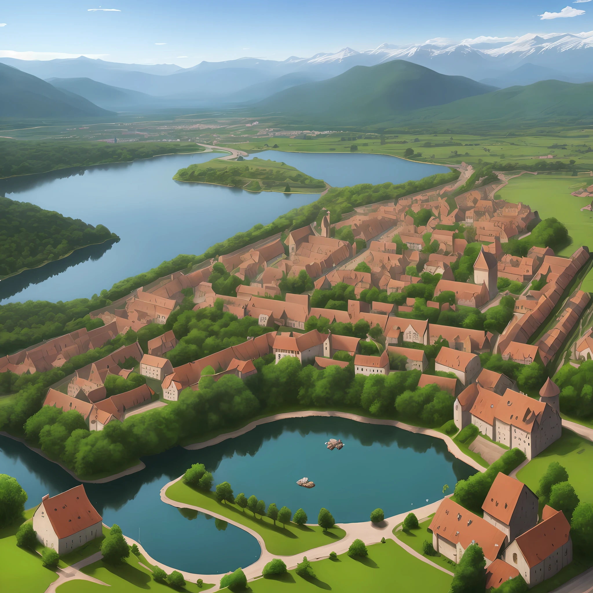 small town with lake in medieval style