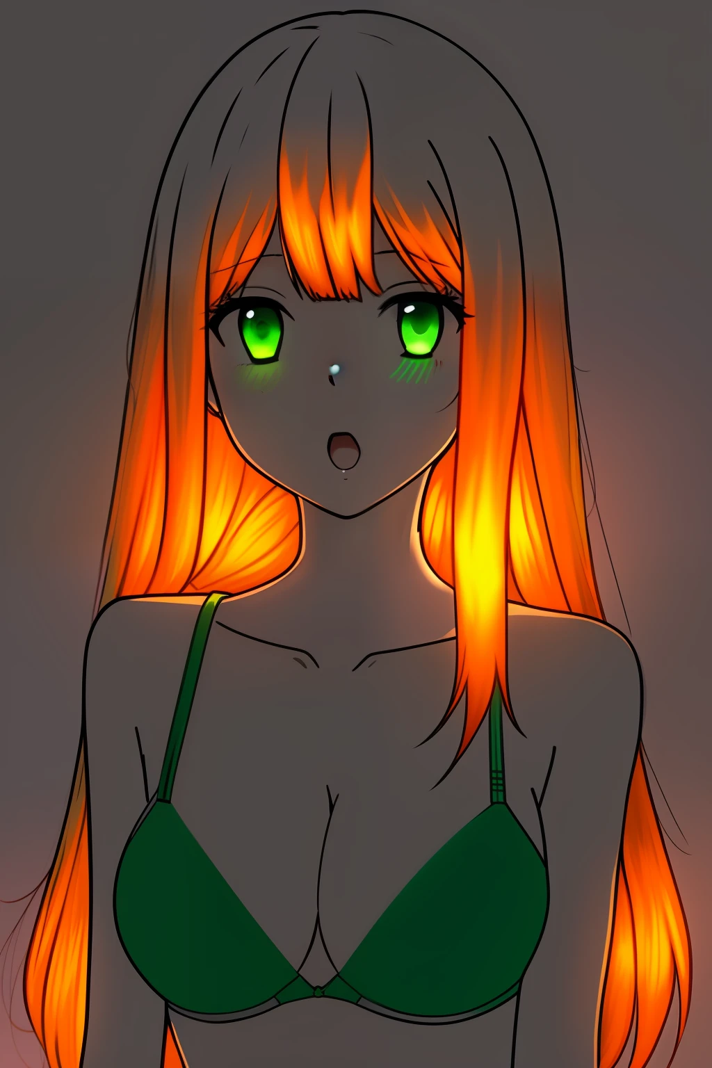 (glowart:1.0), (glowing, sketch, drawing:1.0), 1girl, bangs, green eyes, blush, collarbone, hair between eyes, long hair, looking at viewer,bra, open mouth, orange hair, portrait, shiny, shiny hair, side ponytail, solo, wet, wet hair