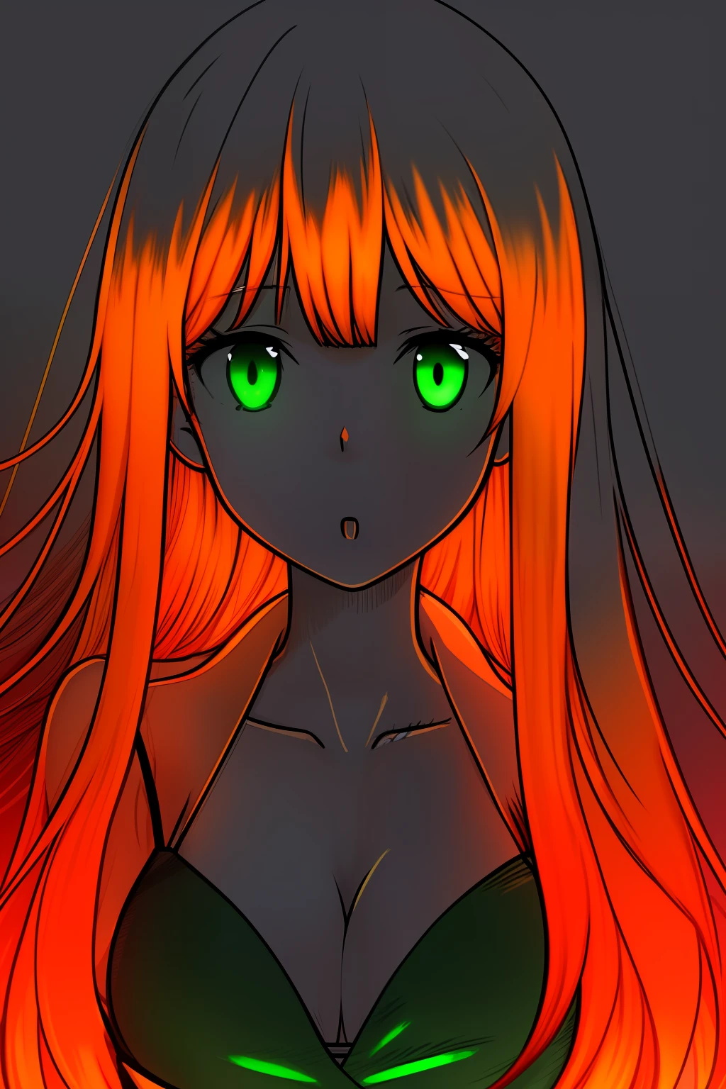 (glowart:1.0), (glowing, sketch, drawing:1.0), 1girl, bangs, green eyes, blush, collarbone, hair between eyes, long hair, looking at viewer,bra, open mouth, orange hair, portrait, shiny, shiny hair, side ponytail, solo, wet, wet hair