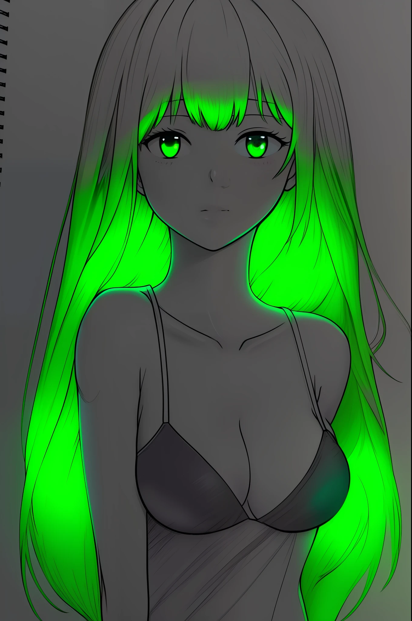 (glowart:1.0), (glowing, sketch, drawing:1.0), 1girl, bangs, green eyes, blush, collarbone, hair between eyes, long hair, looking at viewer,bra, closed ,mouth, green hair, portrait, shiny, shiny hair, side ponytail, solo, wet, wet hair,spread amrs,shaved armpits