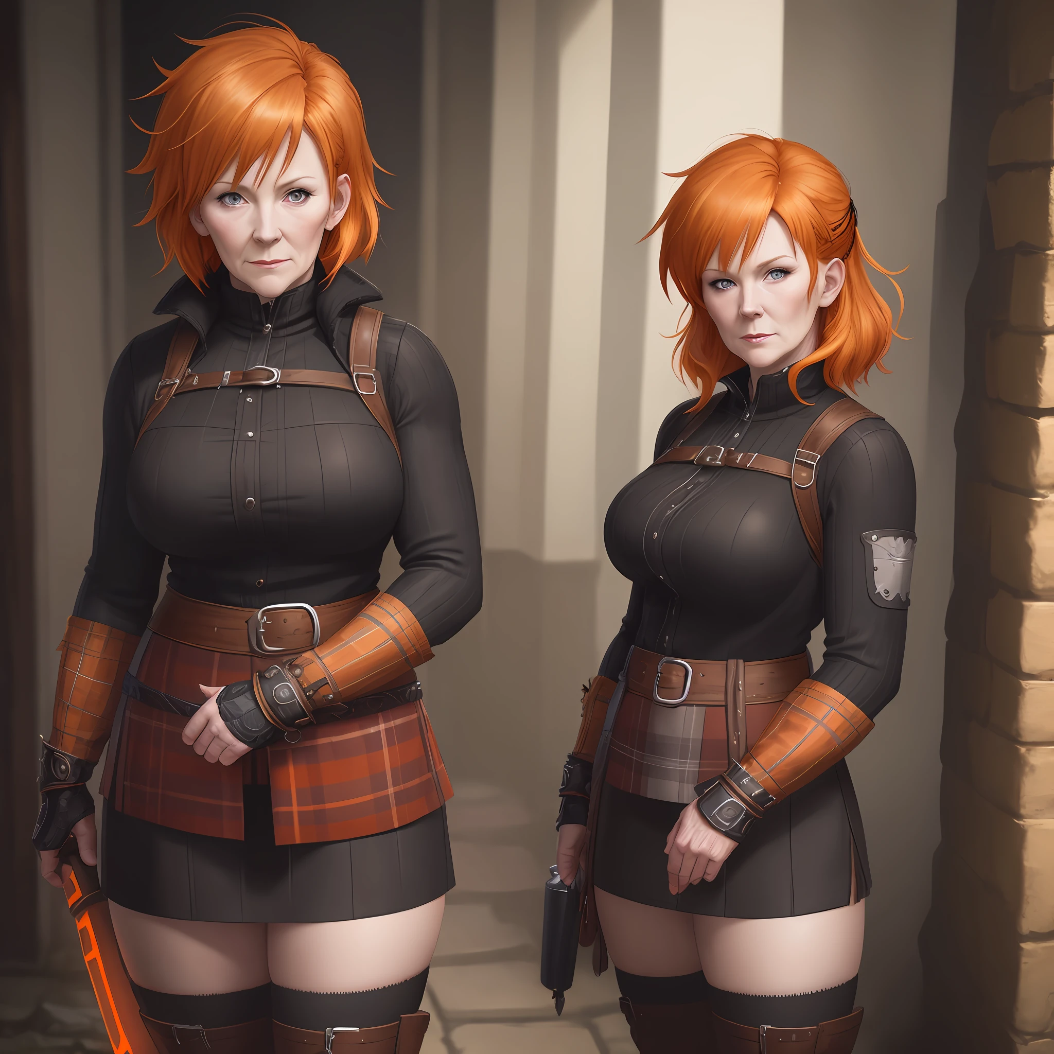 old milf alone , barbara,axe, scottish ethnicity, full color, full of details, portrait shot, orange hair, black eyes, shadows, lights, lands, 8k, HDR, anime style, full reality, full body shot, hot , very hot, hentai