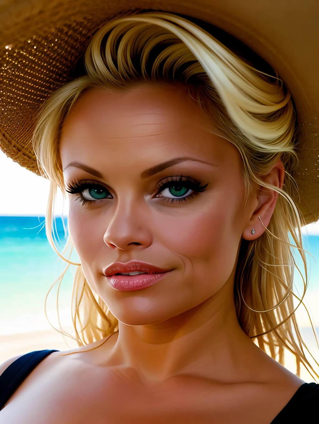 A closeup shot, head, ultra wide angle, in focus, stunning beautiful Pamela Anderson, hdr, best quality, professional photo,