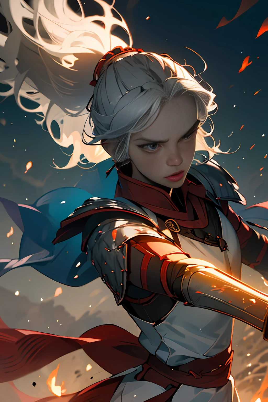 Photo of a hot aunt , highlighted gray hair , samurai armor, particle,wind ,flames ,backlighting,rim lighting,upper body,hot pose