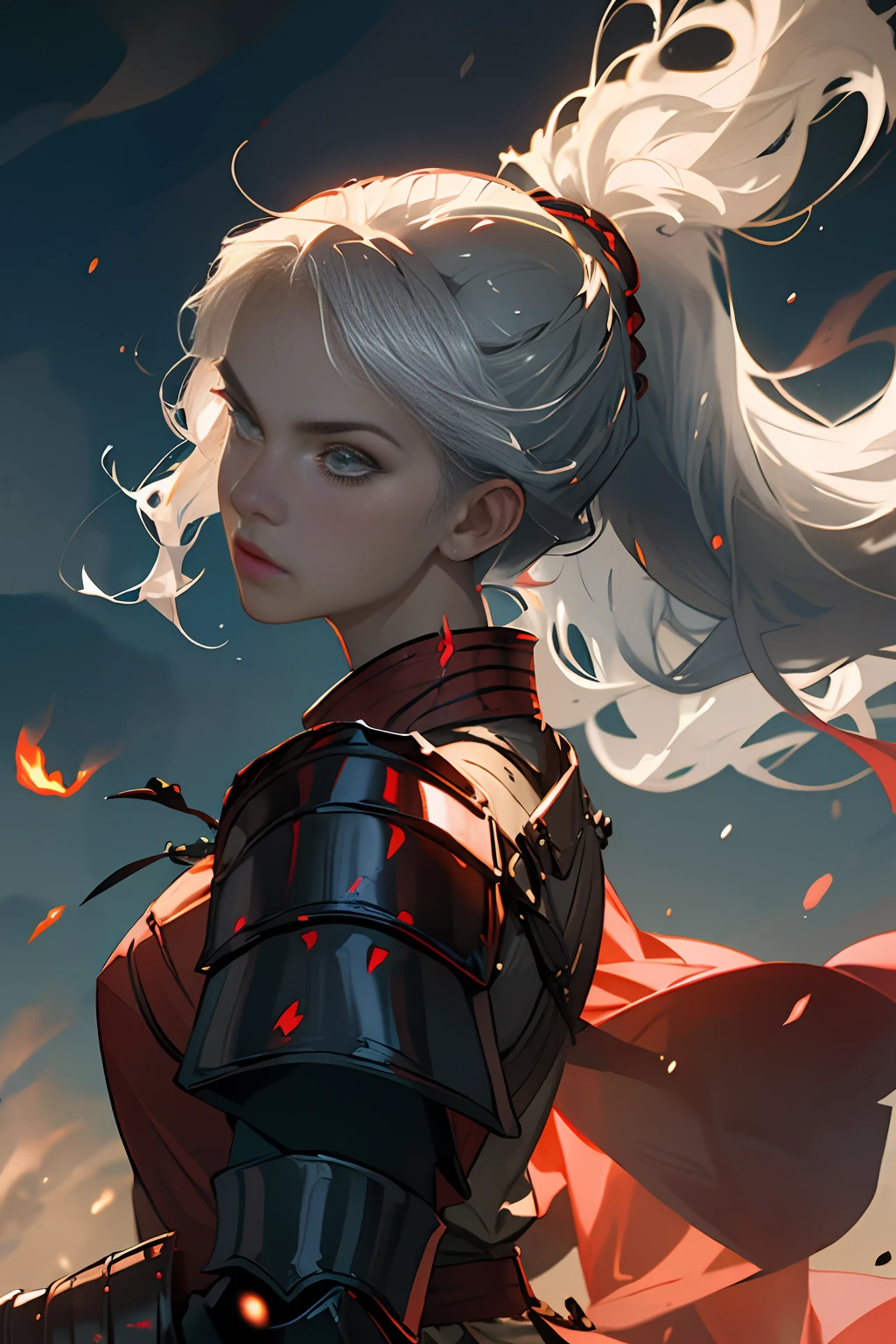 Photo of a hot aunt , highlighted gray hair , samurai armor, particle,wind ,flames ,backlighting,rim lighting,upper body,hot pose