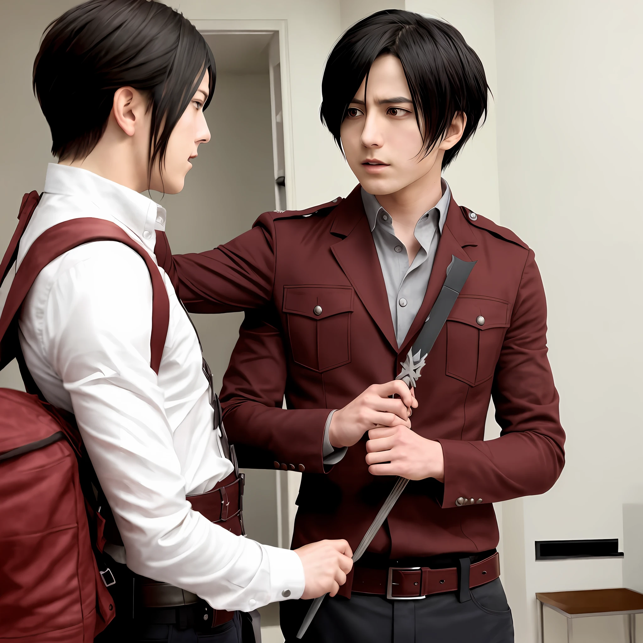 Mikasa Ackerman giving Eren Jaeger a