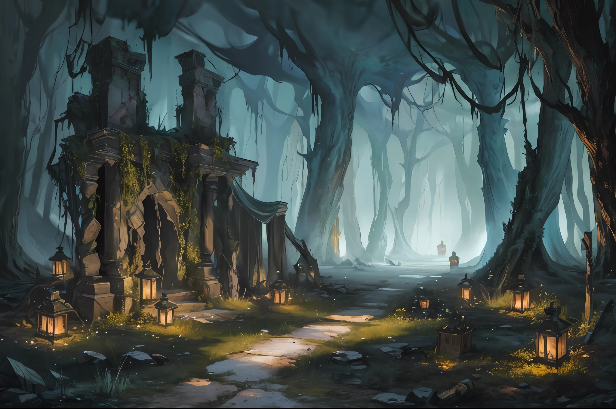 ancient forest scenery, (mysterious black fog), crystals, (dilapidated),   lanterns, absurdity, realistic lighting, (abyss) masterpiece, high quality, beautiful graphics, high detail, miaobishenghua  , beetles, dark soils, wind, stone fragment, beautiful detailed crystals, night, moonlight, beautiful detailed ruins, [(black background:1.5)::5], crystals forming forest, painted as a game concept art,  library of ruina concept art,  matte painting concept art, environment painting, ruins, traditional dark forest concept art, concept art ， highly rendered, scenery game concept art, crystal forest, crystal mine