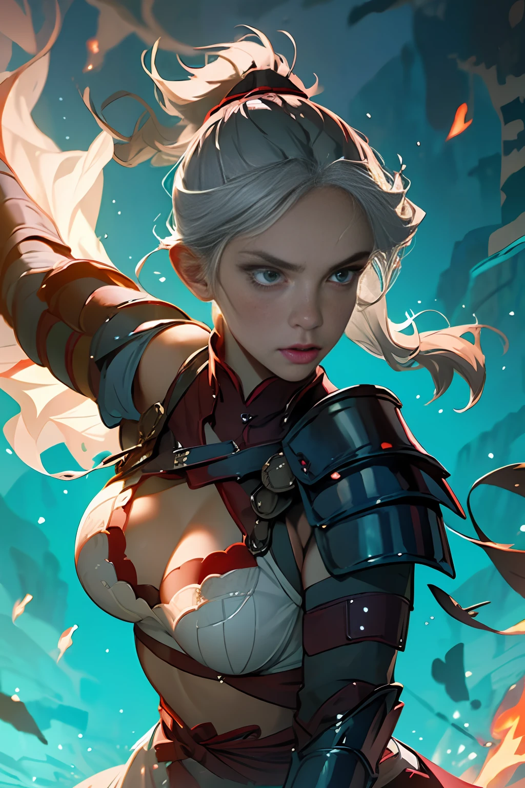 Photo of a hot aunt , highlighted gray hair , samurai shoulder armor, big boobs covered by bra , particle,wind ,flames ,backlighting,rim lighting,upper body,hot pose