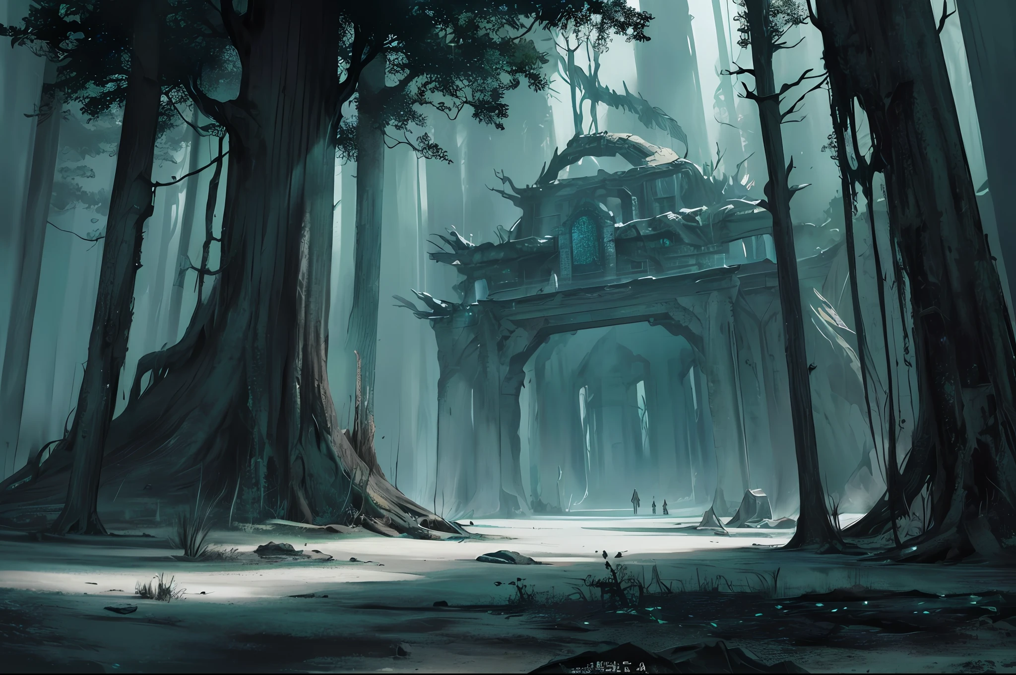 ancient forest scenery, (mysterious black fog), crystals, (dilapidated),   lanterns, absurdity, realistic lighting, (abyss) masterpiece, high quality, beautiful graphics, high detail, miaobishenghua  , beetles, dark soils, wind, stone fragment, beautiful detailed crystals, night, moonlight, beautiful detailed ruins, [(black background:1.5)::5], crystals forming forest, painted as a game concept art,  library of ruina concept art,  matte painting concept art, environment painting, ruins, traditional dark forest concept art, concept art ， highly rendered, scenery game concept art, crystal forest, crystal mine, crystal on ground, crystal ground, mining site