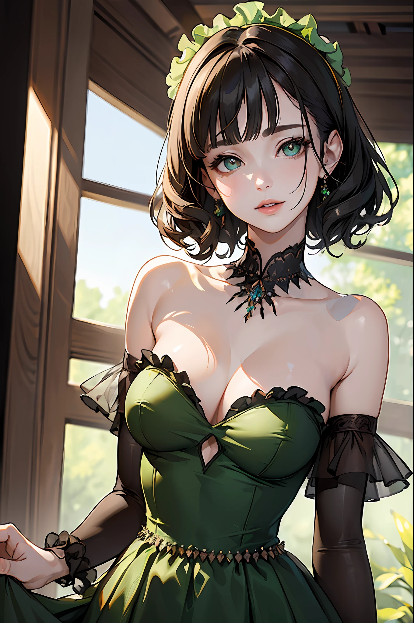 (masterpiece, best quality:1.2), photorealistic, sophisticated, 1 lady, woman, upper body, dark lime green frilled chiffon dress, delicate face, detailed eyes, sharp pupils, realistic pupils, facelight, real skin, firm skin, ultra detailed, depth of field, black live stage, bokeh