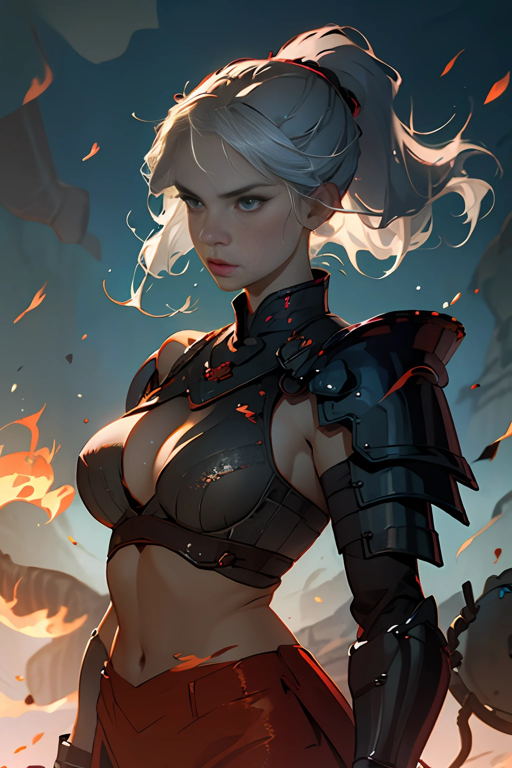 Photo of a hot aunt , highlighted gray hair , samurai shoulder armor, big boobs covered by bra , particle,wind ,flames ,backlighting,rim lighting,upper body,hot pose