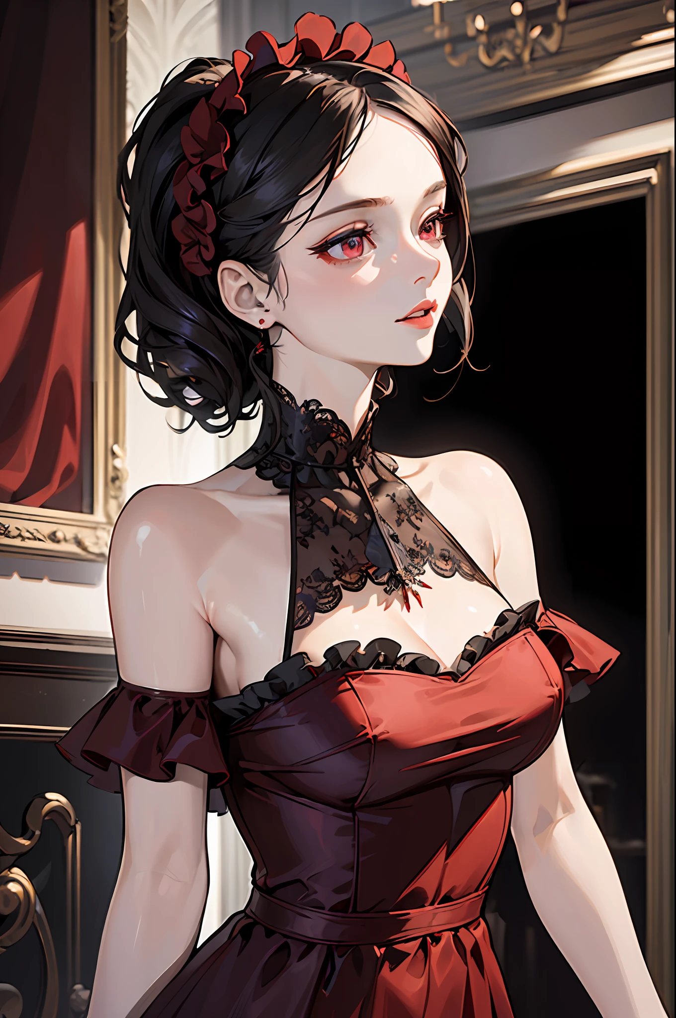 (masterpiece, best quality:1.2), photorealistic, sophisticated, 1 lady, woman, upper body, dark red frilled chiffon dress, delicate face, detailed eyes, sharp pupils, realistic pupils, facelight, real skin, firm skin, ultra detailed, depth of field, black live stage, bokeh