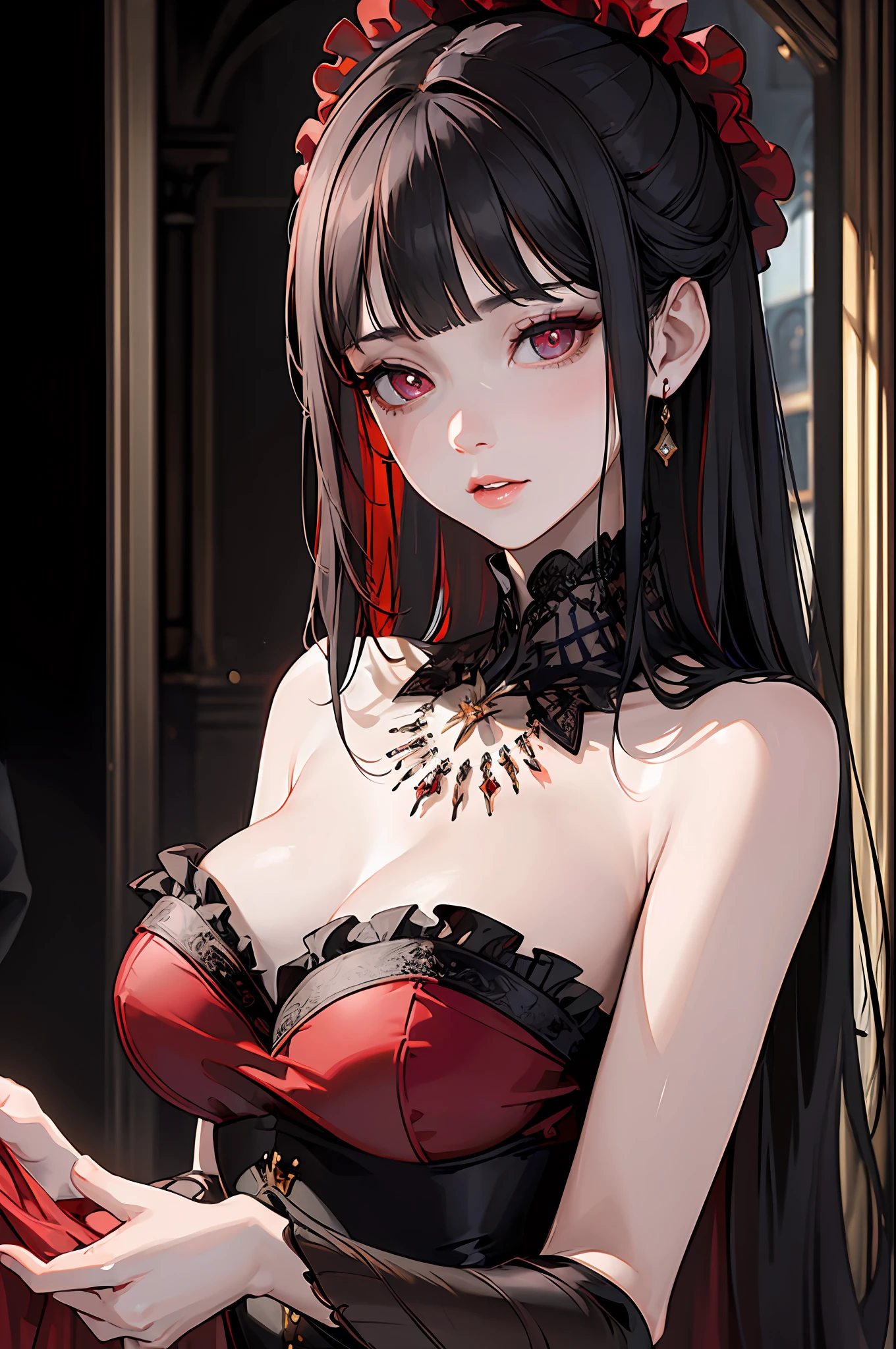 (masterpiece, best quality:1.2), photorealistic, sophisticated, 1 lady, woman, upper body, dark red frilled chiffon dress, delicate face, detailed eyes, sharp pupils, realistic pupils, facelight, real skin, firm skin, ultra detailed, depth of field, black live stage, bokeh