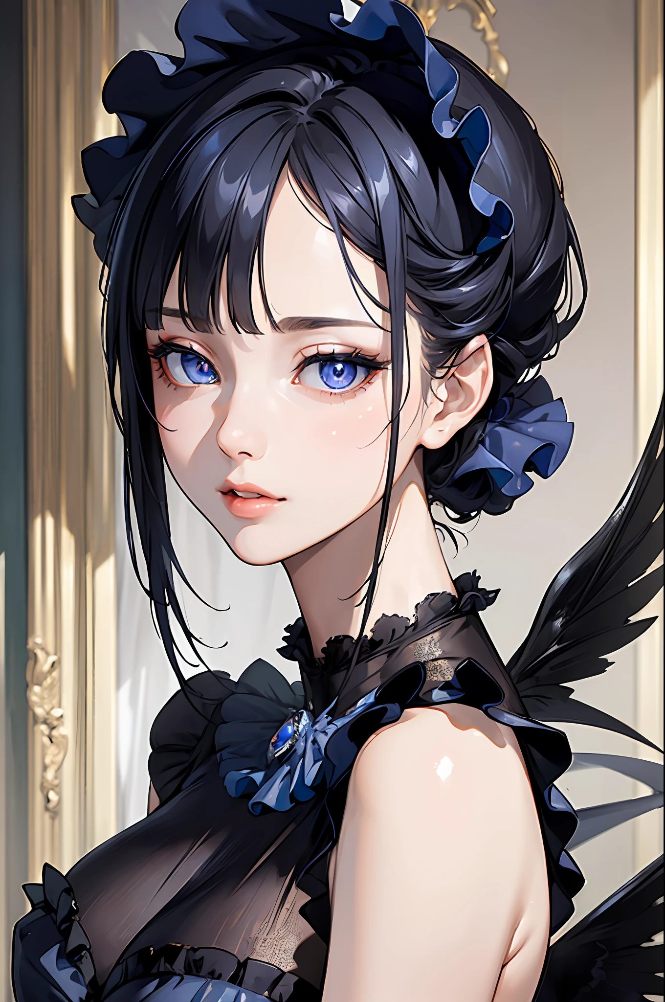 (masterpiece, best quality:1.2), photorealistic, sophisticated, 1 lady, woman, upper body, dark blue frilled chiffon dress, delicate face, detailed eyes, sharp pupils, realistic pupils, facelight, real skin, firm skin, ultra detailed, depth of field, black live stage, bokeh