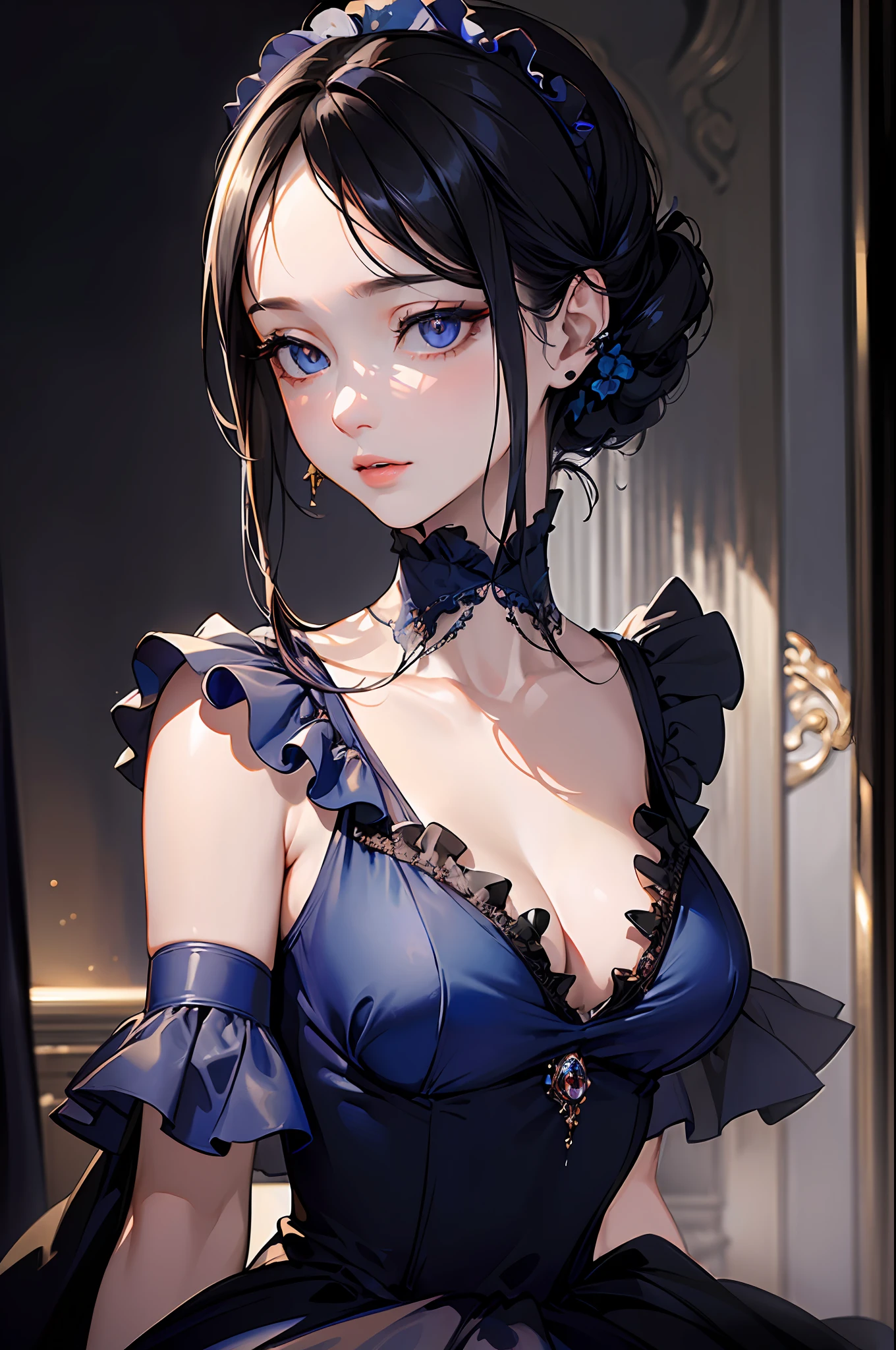 (masterpiece, best quality:1.2), photorealistic, sophisticated, 1 lady, woman, upper body, dark blue frilled chiffon dress, delicate face, detailed eyes, sharp pupils, realistic pupils, facelight, real skin, firm skin, ultra detailed, depth of field, black live stage, bokeh
