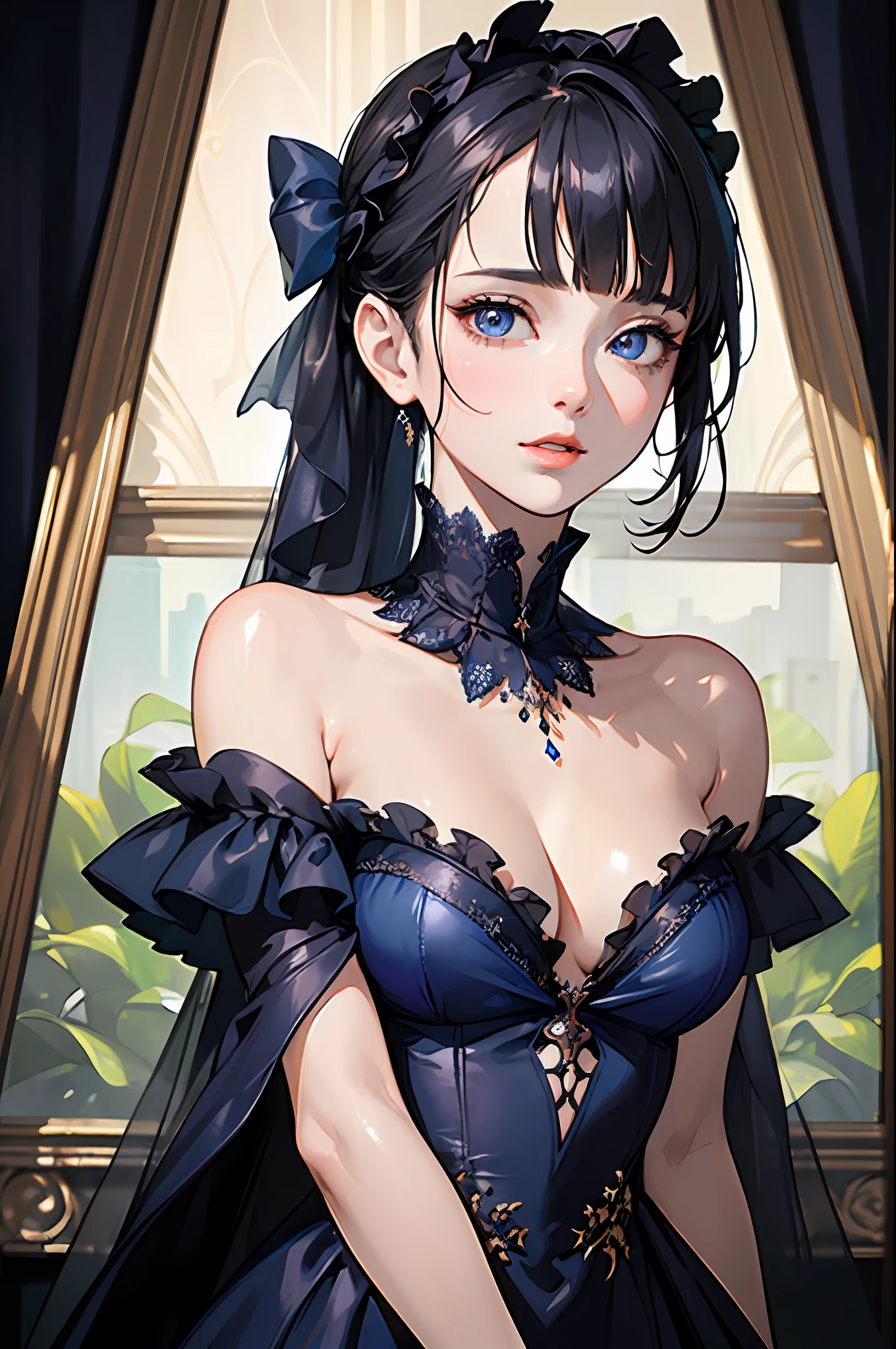 (masterpiece, best quality:1.2), photorealistic, sophisticated, 1 lady, woman, upper body, dark blue frilled chiffon dress, delicate face, detailed eyes, sharp pupils, realistic pupils, facelight, real skin, firm skin, ultra detailed, depth of field, black live stage, bokeh