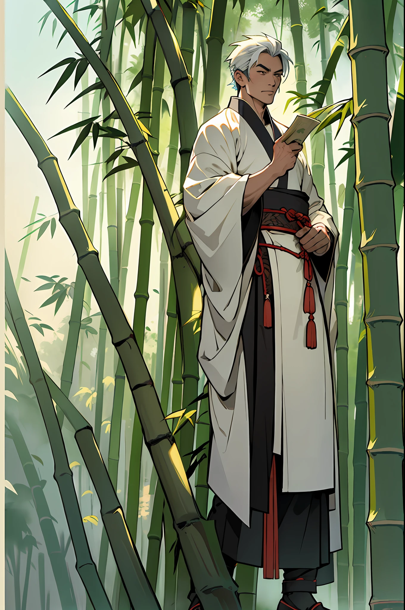 An ancient Chinese handsome man standing next to bamboo, inspired by Jin Yong martial arts, wearing ancient Chinese clothes, elegant, bamboo leaves, sunlight, ink painting style, clean colors, decisive cut, blank space, freehand, masterpiece, super detailed, epic General composition, high quality, highest quality, 4k --v 6