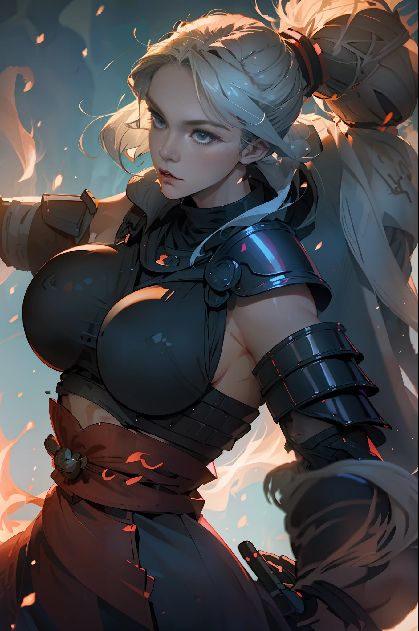 Photo of a hot aunt , highlighted gray hair , samurai shoulder armor, holy soward,(big boobs :1.4) bra, looking at viewer,particle,wind ,flames ,backlighting,rim lighting,upper body,hot pose