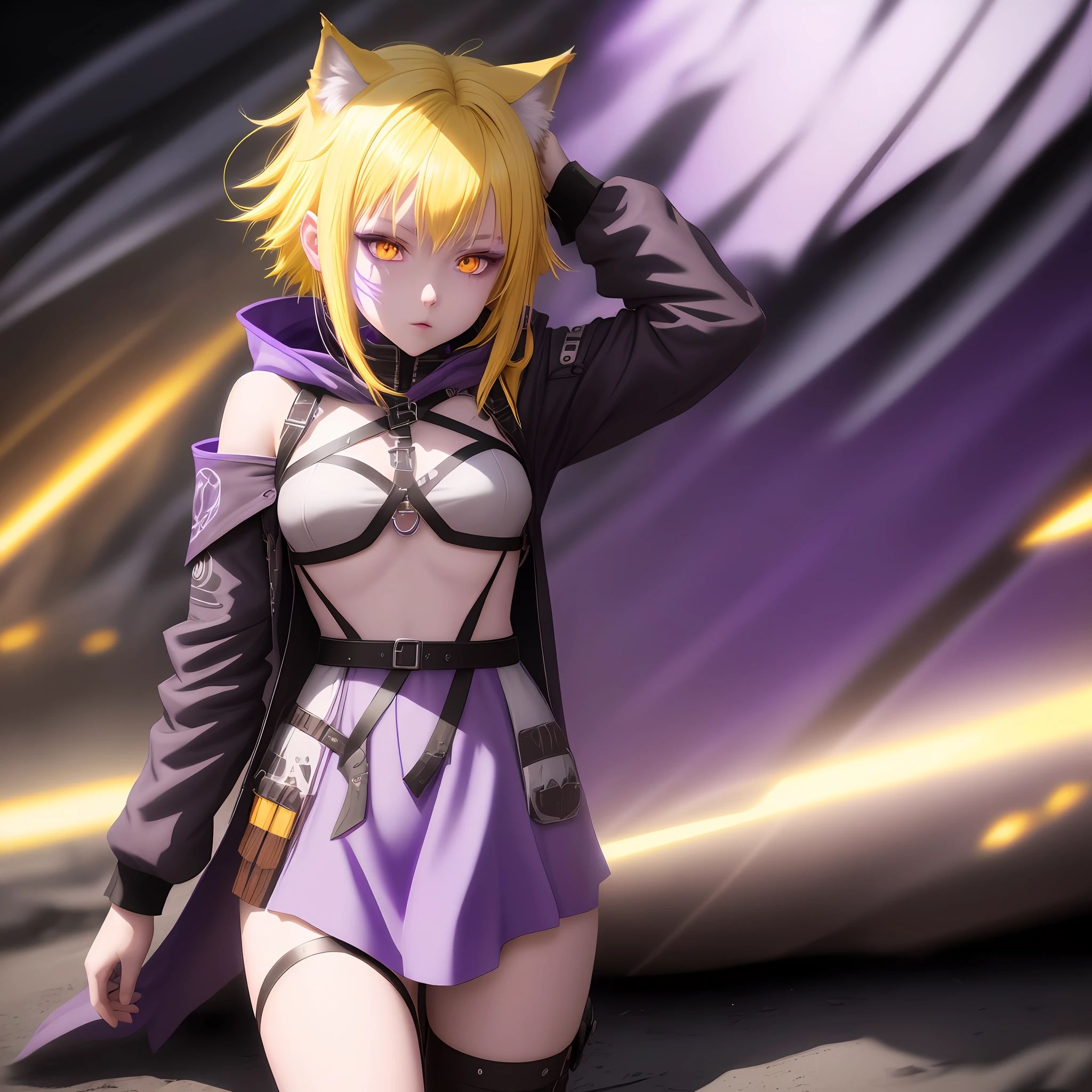 demihuman wolf loli alone ,purple skin, serbian ethnicity, full color, full of details, portrait shot, yellow hair, white eyes, shadows, lights, lands, 8k, HDR, anime style, full reality, full body shot, hot , very hot