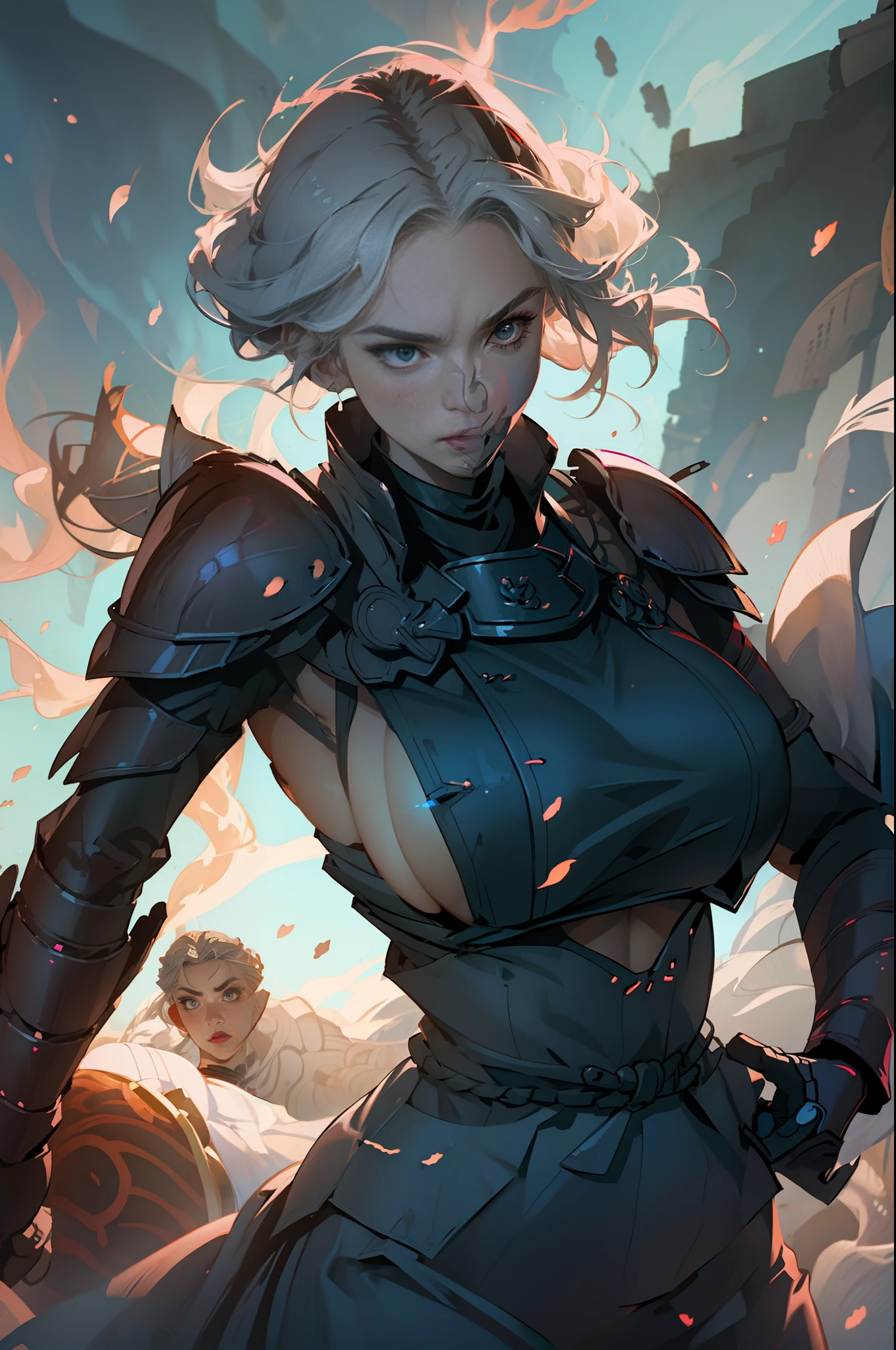 Photo of a hot aunt , highlighted gray hair , samurai shoulder armor, holy soward,(big boobs :1.4) bra, looking at viewer,particle,wind ,flames ,backlighting,rim lighting,upper body,hot pose
