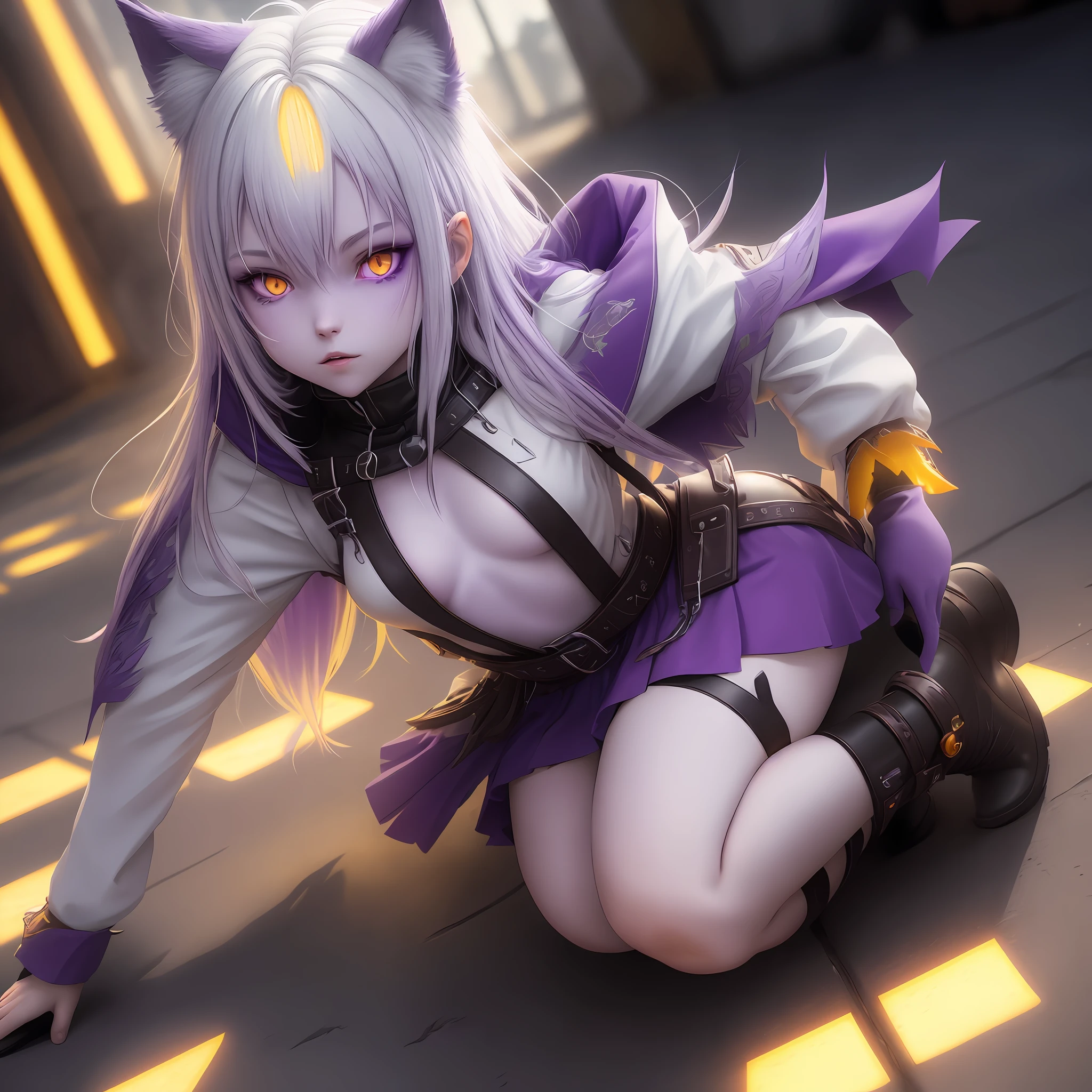 demihuman wolf loli alone ,purple skin, serbian ethnicity, full color, full of details, portrait shot, yellow hair, white eyes, shadows, lights, lands, 8k, HDR, anime style, full reality, full body shot, hot , very hot