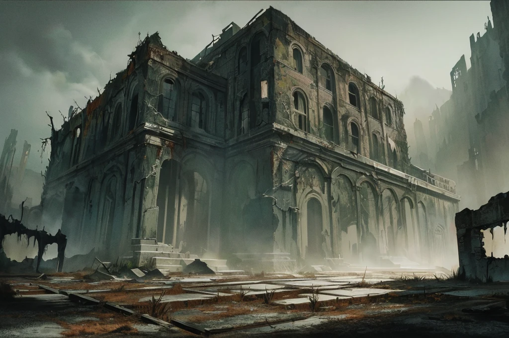 A post-apocalyptic scenery, (mysterious black fog), abandoned farm, (dilapidated),   bulb, absurdity, realistic lighting, (abyss) masterpiece, high quality, beautiful graphics, high detail, miaobishenghua  , livestocks, dark soils, wind, stone fragment, beautiful detailed blood, night, moonlight, beautiful detailed farm, [(black background:1.5)::5], bloodied farm, painted as a game concept art,  library of ruina concept art,  matte painting concept art, environment painting, ruins, traditional dark forest concept art, concept art ， highly rendered, scenery game concept art, post-apocalyptic, destroyed buildings, blood stains, bloody floor,