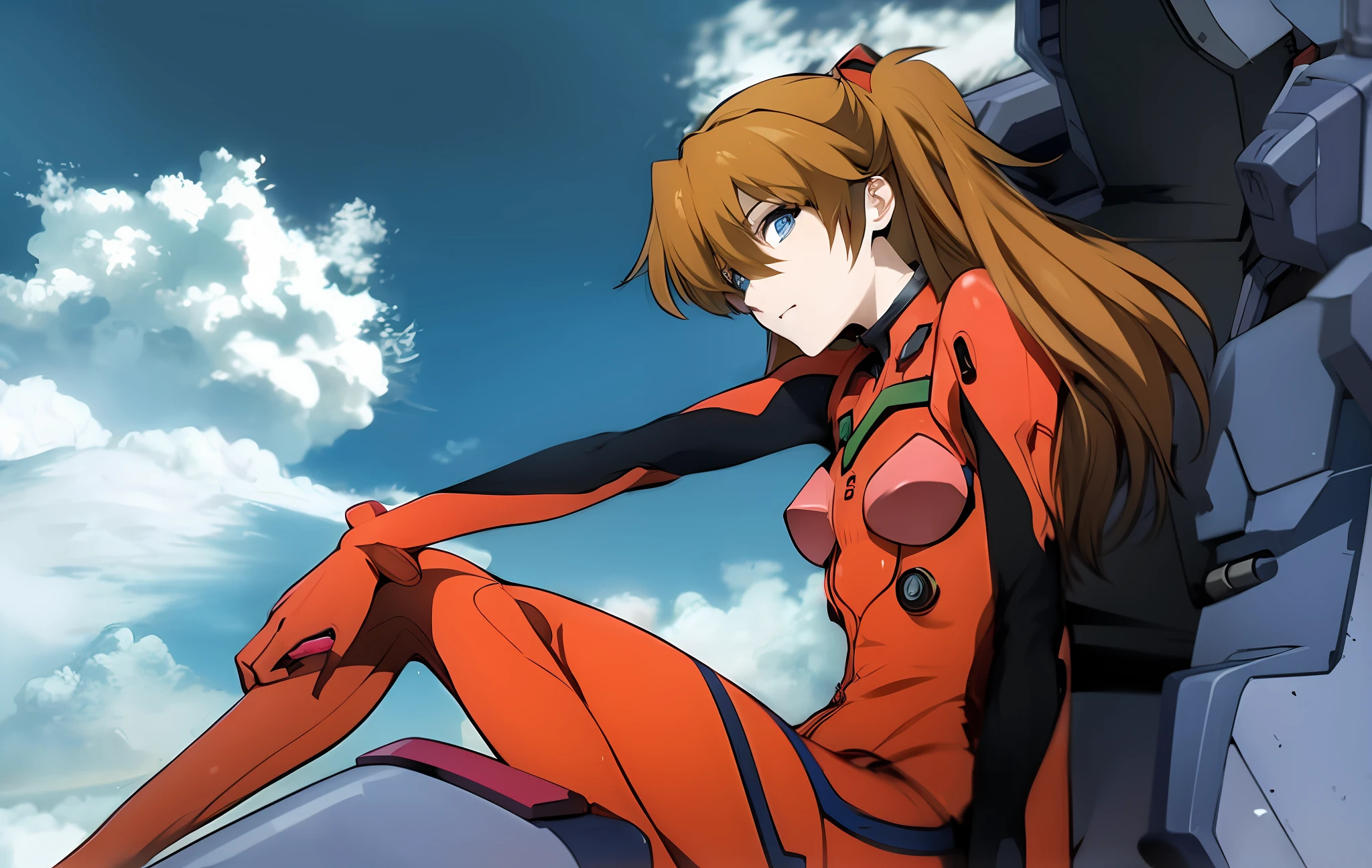 A woman in a red suit sitting , Photo realistic, High definition