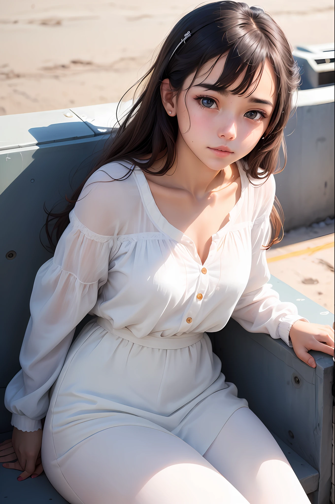 Girl, who looks bored and emotionless. She looking into space, but with a slight smile, because she has the illusion that better days will come. She is sitting and is wearing white clothes with icing.