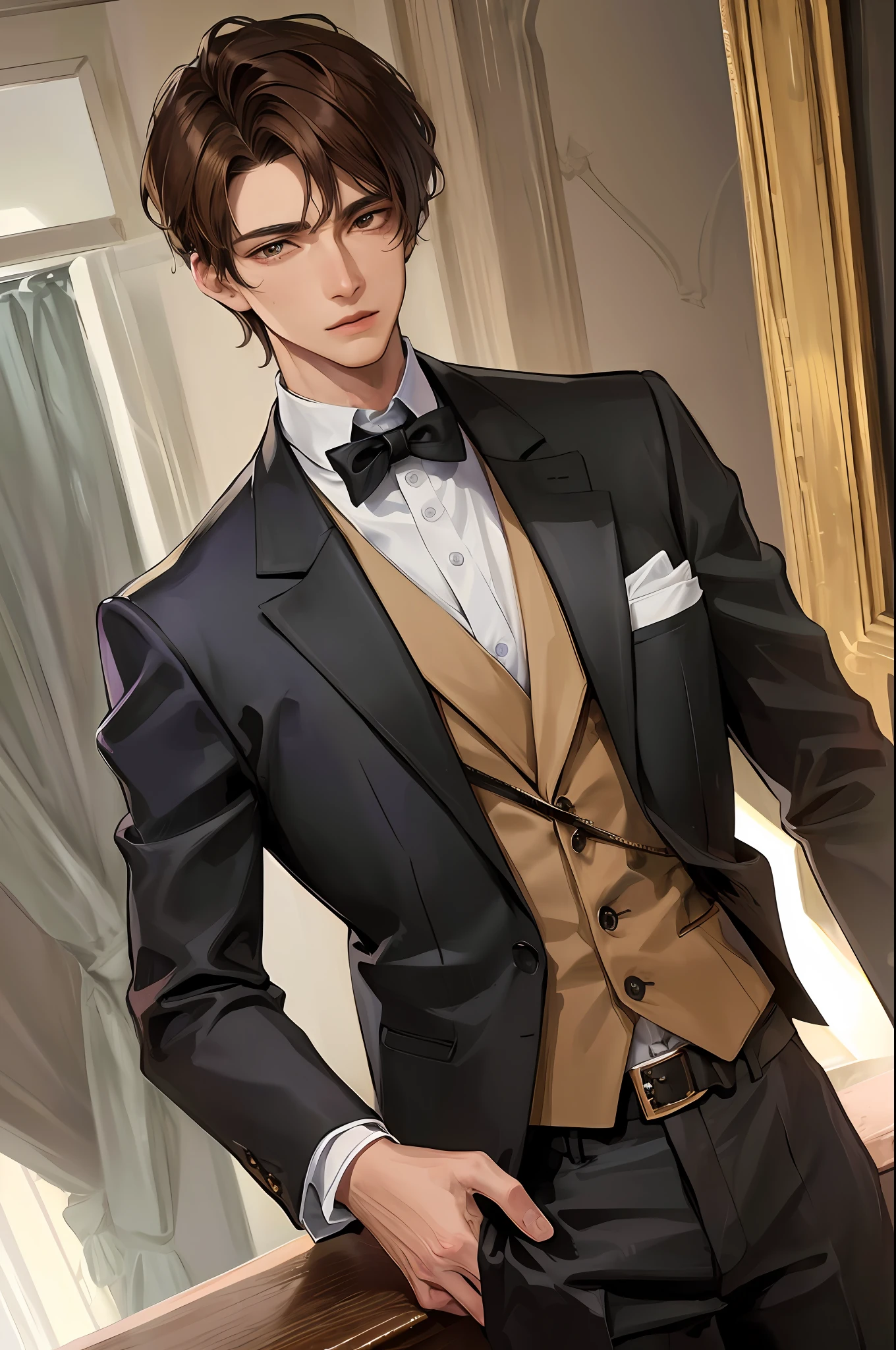 (High resolution, distinct_image) Superb man, Masterpiece, High detail, Half realistic, Brown short haired man, Brown hair, Short hair, Medium parting, 18 years old, Young, Tall and strong, Blackened jacket, Gray blue clothes, Student, College , indoor background, chic, natural, handsome, autocratic, strong aura, exquisite facial features, facial features details,