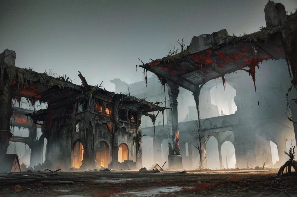 A post-apocalyptic scenery, (mysterious black fog), abandoned farm, (dilapidated),   bulb, absurdity, realistic lighting, (abyss) masterpiece, high quality, beautiful graphics, high detail, miaobishenghua  , livestocks, dark soils, wind, stone fragment, beautiful detailed blood, night, moonlight, beautiful detailed farm, [(black background:1.5)::5], bloodied farm, painted as a game concept art,  library of ruina concept art,  matte painting concept art, environment painting, ruins, traditional dark forest concept art, concept art ， highly rendered, scenery game concept art, post-apocalyptic, destroyed buildings, blood stains, bloody floor, livestock farm, village, barn