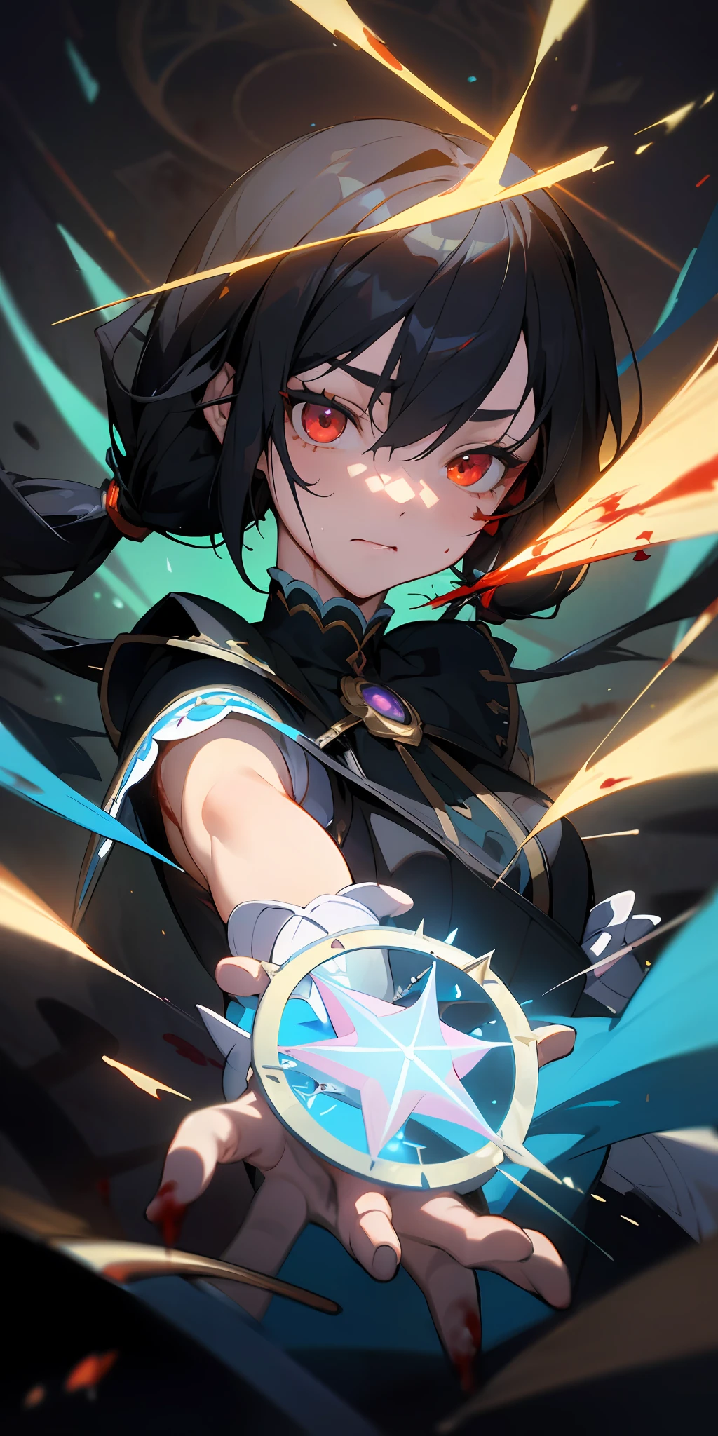 (masterpiece:1.2, best quality), (finely detailed beautiful eyes: 1.2), (detailed background,dark fantasy), (beautiful detailed face), high contrast, (best illumination, an extremely delicate and beautiful), ((cinematic light)), colorful, hyper detail, dramatic light, intricate details, (1 girl, solo,black hair, sharp face,low twintails,red eyes, hair between eyes,dynamic angle), (blood splatter:1.4), swirling black light around the character, depth of field,black light particles,(broken glass),magic circle,