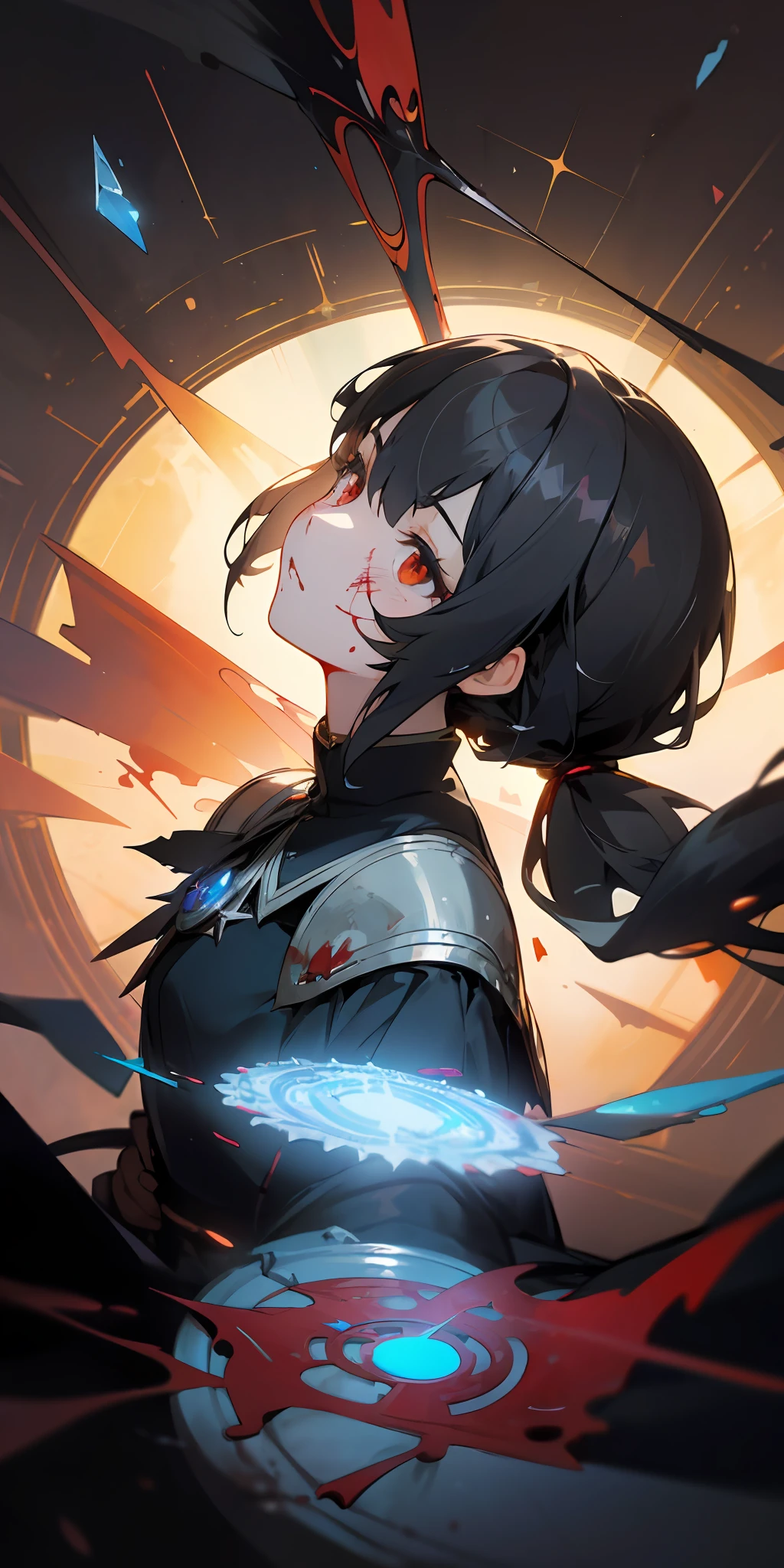 (masterpiece:1.2, best quality), (finely detailed beautiful eyes: 1.2), (detailed background,dark fantasy), (beautiful detailed face), high contrast, (best illumination, an extremely delicate and beautiful), ((cinematic light)), colorful, hyper detail, dramatic light, intricate details, (1 girl, solo,black hair, sharp face,low twintails,red eyes, hair between eyes,dynamic angle), (blood splatter:1.4), swirling black light around the character, depth of field,black light particles,(broken glass),magic circle,
