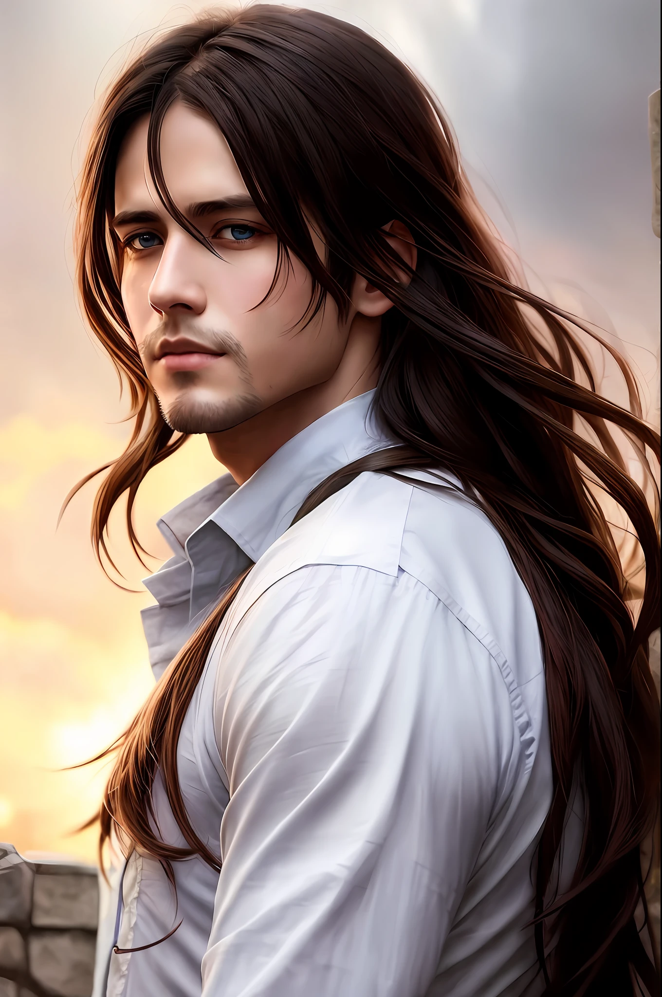 a close up of a person with long hair and a shirt, a digital painting inspired by Jorge Jacinto, trending on Artstation, digital art, handsome guy in attack on titan art, handsome prince of persia, made with anime painter studio, realistic anime artstyle, artwork in the style of guweiz, anime realism style, twilight ; digital painting, fantasy male portrait, Eren Jaeger, attack on titan season 4, blue eyes, brown hair, solo, broad shoulders, wide shoulders, looking at the screen