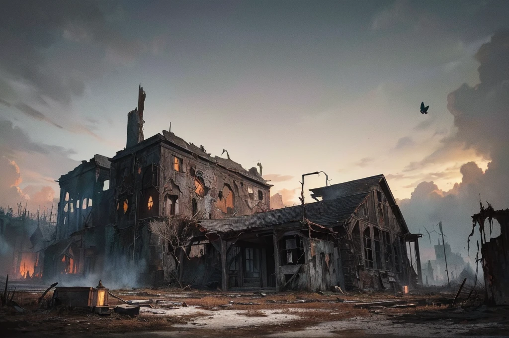 A post-apocalyptic scenery, (mysterious black fog), abandoned farm, (dilapidated),   bulb, absurdity, realistic lighting, (abyss) masterpiece, high quality, beautiful graphics, high detail, miaobishenghua  , dark soils, wind, stone fragment, beautiful detailed blood, night, moonlight, beautiful detailed farm, [(black background:1.5)::5], bloodied farm, painted as a game concept art,  library of ruina concept art,  matte painting concept art, environment painting, ruins, traditional dark forest concept art, concept art ， highly rendered, scenery game concept art, post-apocalyptic, destroyed buildings, blood stains, bloody floor, livestock farm, village, barn, beautiful butterfly, cows running, pig eating corpses