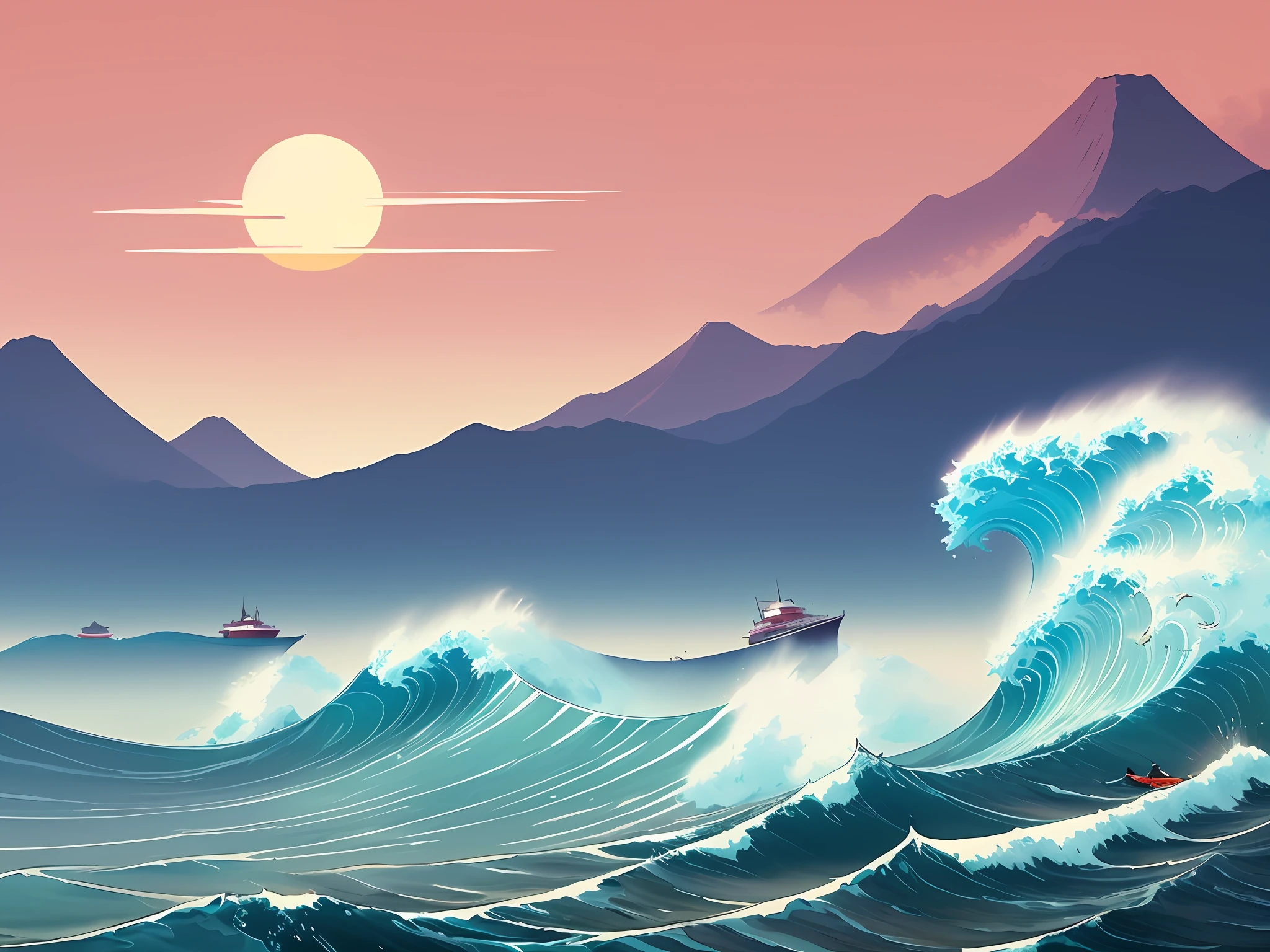 A man in the yatch sailing in the ocean, clear sky, white top waves, shot from a far distance,big setting sun, octane rendering, unreal engine, resolution 8k, cenimatic lightning and ultra realistic details,