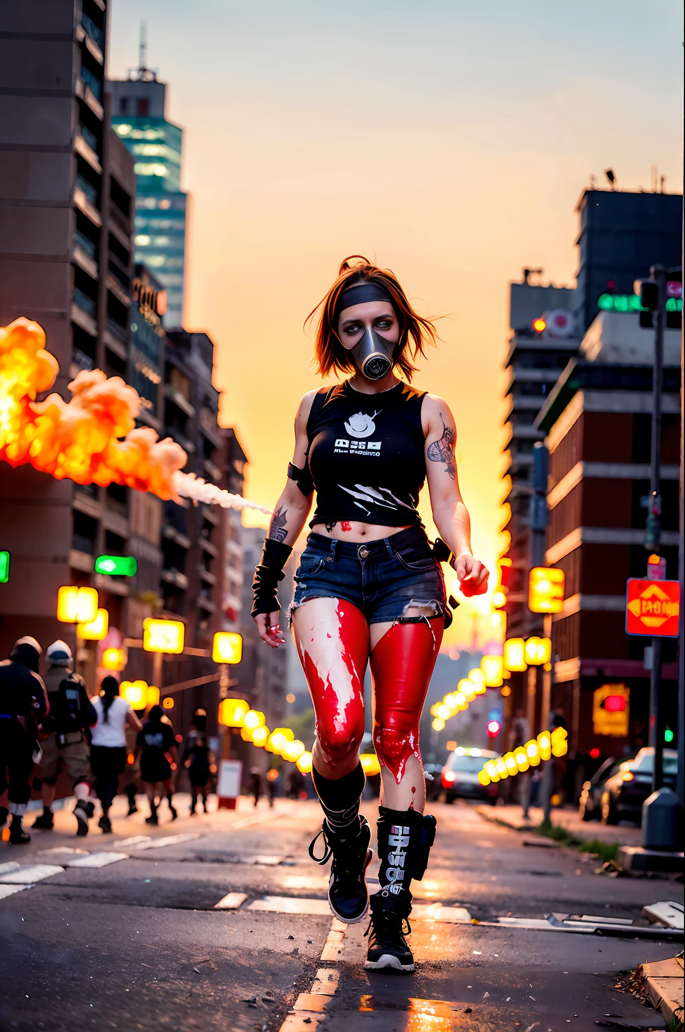 An endless horde of undead, relentless and vicious, swarming the streets. The stench of death pervades the air. Survivors fight for their lives, armed with anything they can find. The fearless protagonist stands tall, ready to take on any challenge ahead. (1 protagonist), (sweaty|bloody) (face|clothes), (assault|sniper|rifle) in hand, (gas mask|bandana) covering lower face, (heavy combat boots|running shoes) on feet, (scruffy brown hair|short blonde hair), (scars|tattoos) visible on arms. The cityscape behind is in ruins, buildings collapsed and chaotic, fire and smoke rising from every corner. Zombies and eerie silence are the only things left to conquer.