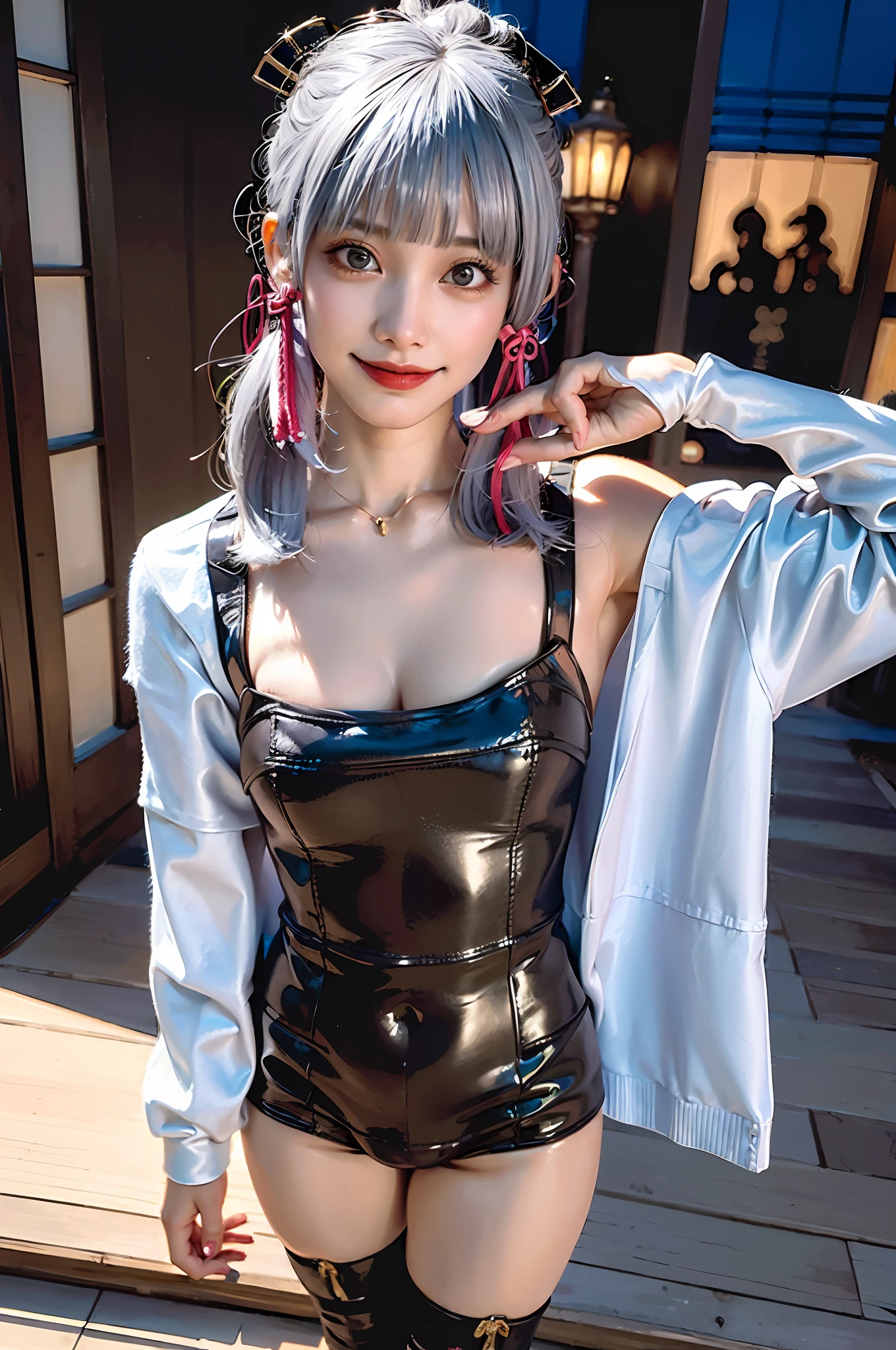 (Highly detailed CG unity 8k wallpaper), (Masterpiece), (Highest quality), (Portrait), (Highest illustration), (Highest shadow), (Realistic:1.4), 1girl on street, Kpop idol, ((Very over Size sweater, button sweater, open sweater), (gray hair: 1.1), collarbone, (middle chest: 1.3), viewer, smile, full body, (latex clothes, latex stockings, coquettish smile, clothes smooth texture) ,{latex swimsuit},