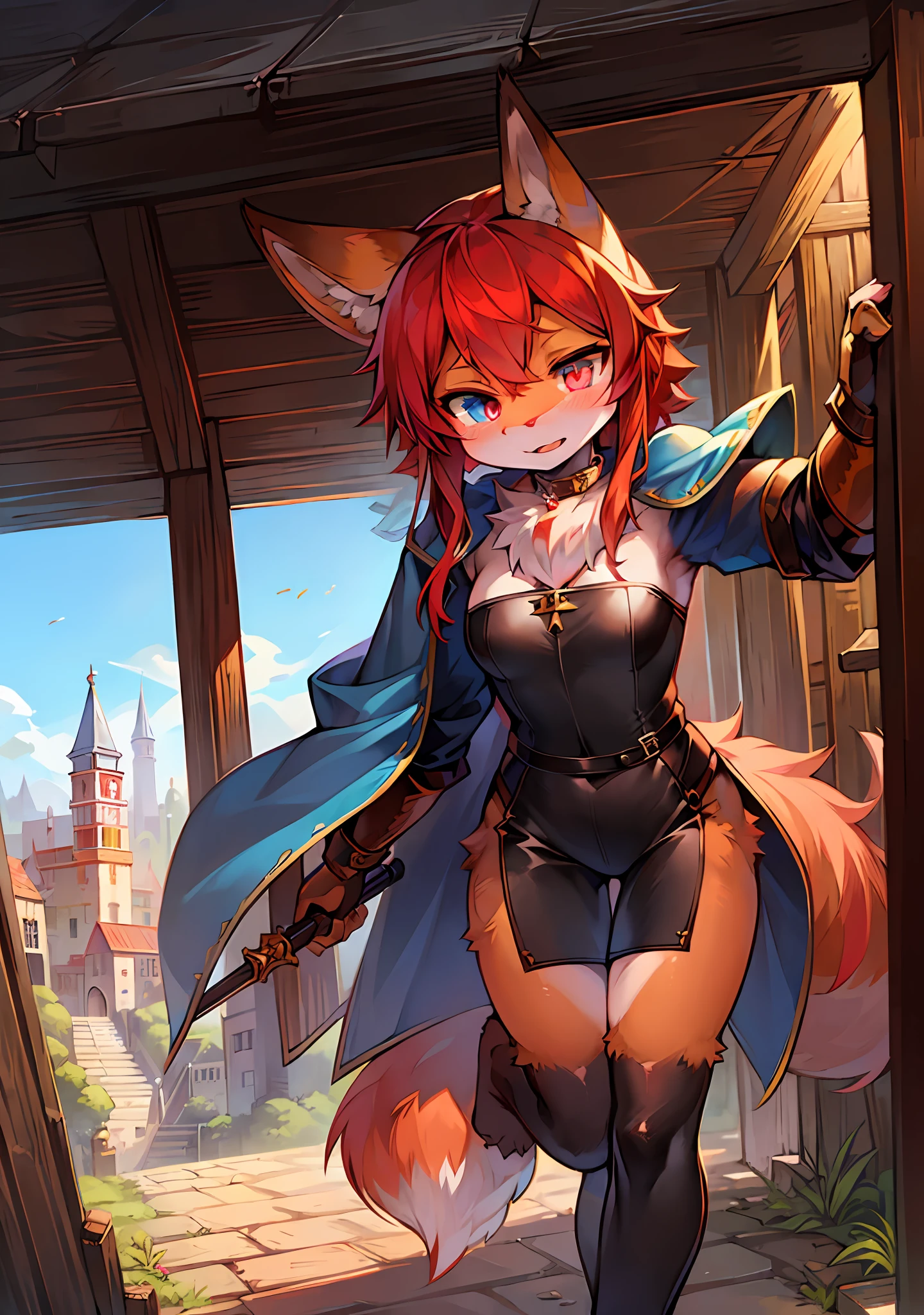 1girl, solo, kemono, furry, anthropomorphic rabbit, rabbit ears, cat tail, orange fur, furry arms, furry legs, furry body, orange skin, red hair, Heterochromia(One blue eye, one pink Eye), medieval fantasy town, female, sexy leather armor, blue cloak, standing, fluffy tail, fluffy, wielding sword, sfw,