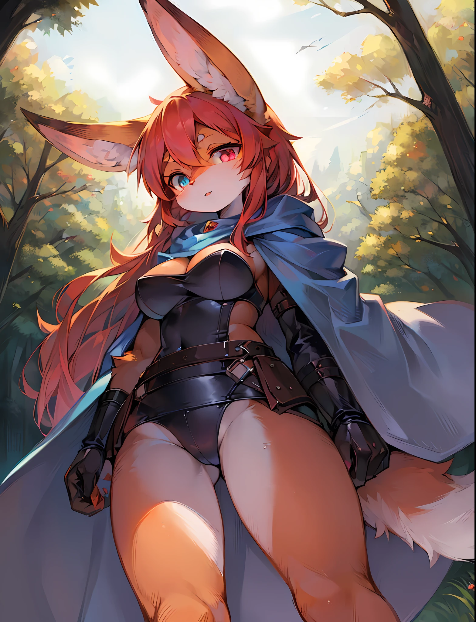 1girl, solo, kemono, furry, anthropomorphic rabbit, rabbit ears, cat tail, orange fur, furry arms, furry legs, furry body, orange skin, red hair, Heterochromia(One blue eye, one pink Eye), forest, female, sexy leather armor, blue cloak, standing, fluffy tail, fluffy,