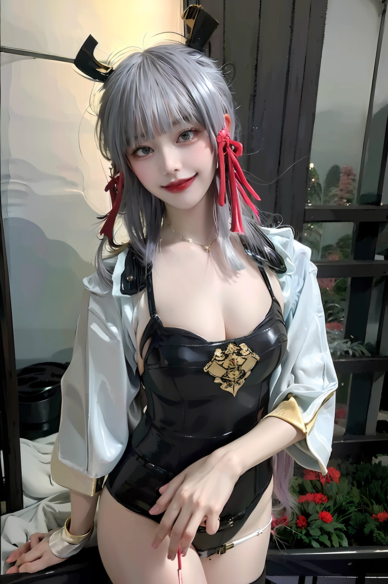 (Highly detailed CG unity 8k wallpaper), (Masterpiece), (Highest quality), (Portrait), (Highest illustration), (Highest shadow), (Realistic:1.4), 1girl on street, Kpop idol, ((Very over Size sweater, button sweater, open sweater), (gray hair: 1.1), collarbone, (middle chest: 1.3), viewer, smile, full body, (latex clothes, latex stockings, coquettish smile, clothes smooth texture) ,{latex swimsuit},