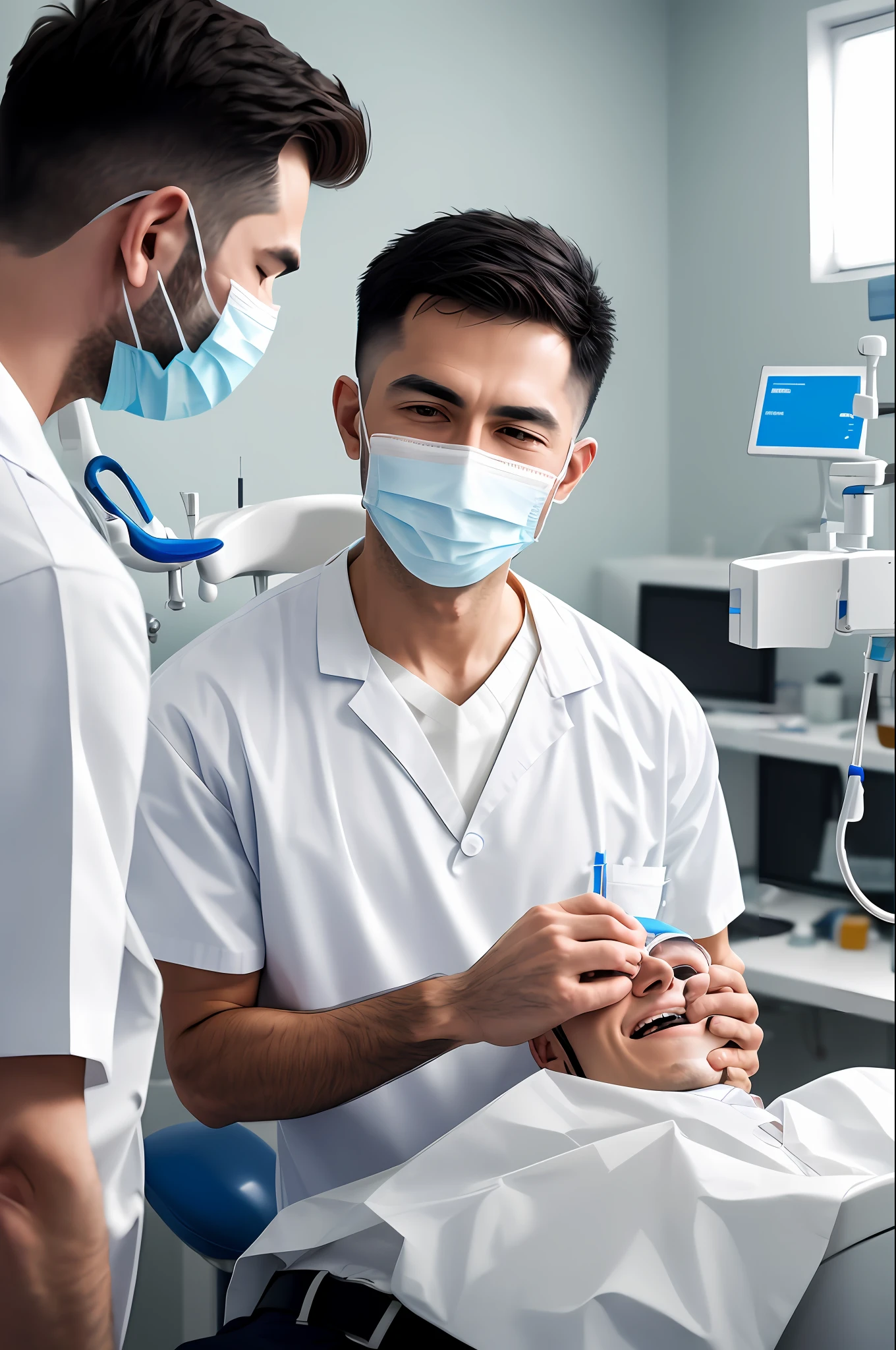 (extremely detailed 8k wallpaper),a medium shot photo of a dentist working on a patient in a clinic focusing on him and wearing white and a face maske