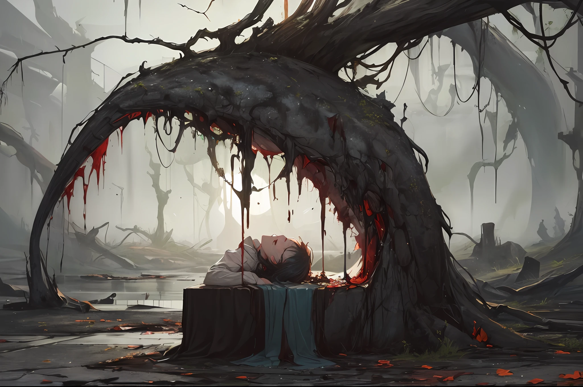 "Don’t say that you wanna die"
"Live, Don’t give up!"
It’s foolish to think a song like that is right.

You are ok dying, but you’ll be sad if people around you die.
"I don’t like it"  that’s your ego.

You don’t care if others live or not
Hating somebody - It’s just a trend to you
But you say "Let’s all live in peace"
How wonderful you are.

Somebody died behind the screen
Somebody became sad and sang about it
Some boy got inspired by it
And started running with a knife in his hand.

Life hates us all.
We push values and egos onto others  Easily play songs about killing
On the radio all day.
Life hates us all.
Because we say we wanna die casually
We take life lightly, life hates us all.

I indulge in sleeping all day because I have no money.
I cannot find my purpose, and breathe in vain.
Alone is not enough to describe this scar
Being stubborn, I go to bed by myself again

We are boys and will be men someday.
Then get old and withered like dried leaves that nobody sees.
I’ll get a permanent body and live forever.
Fantasizing that kind of Sci-Fi story.

You don’t care if you die
But you want people around you to be alive
Contradicting yourself will upset them.

"Good person has to be good"
"Live if you don’t want to die"
If you don’t mind being sad
Keep laughing by yourself.

Life hates us all.
We don’t even know what happiness is  Just hating where we were born
Cursing the past so easily.
Life hates us all.
Because we love to say good-bye too much  We never know what real loss is  Life hates us all, (mysterious black fog), (dilapidated), bulb, absurdity, realistic lighting, (abyss) masterpiece , high quality, beautiful graphics, high detail, miaobishenghua , [( blackbackground:1.5)::5], painted as a game concept art, matte painting concept art, environment painting, ruins, , concept art ， highly rendered scenery game concept art, character concept art, knot, sadness, agony, depression, screams of sorrow, bloody tears, suicide, death, gore