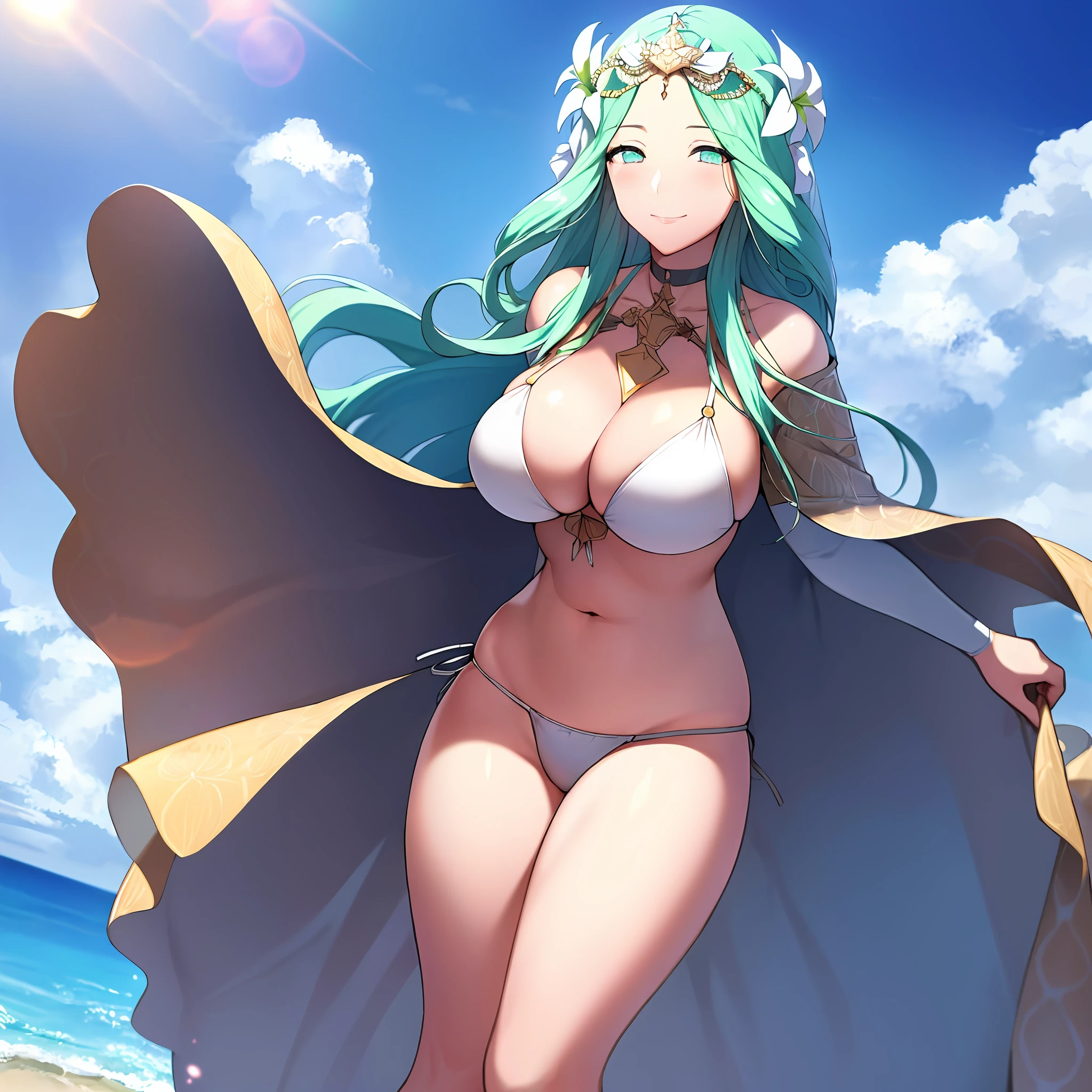 masterpiece, ultra high quality cg, anime, best quality, perfect image, solo, on the beach, ocean in view, smile, rhea, white bikini, hair flower, large breasts,